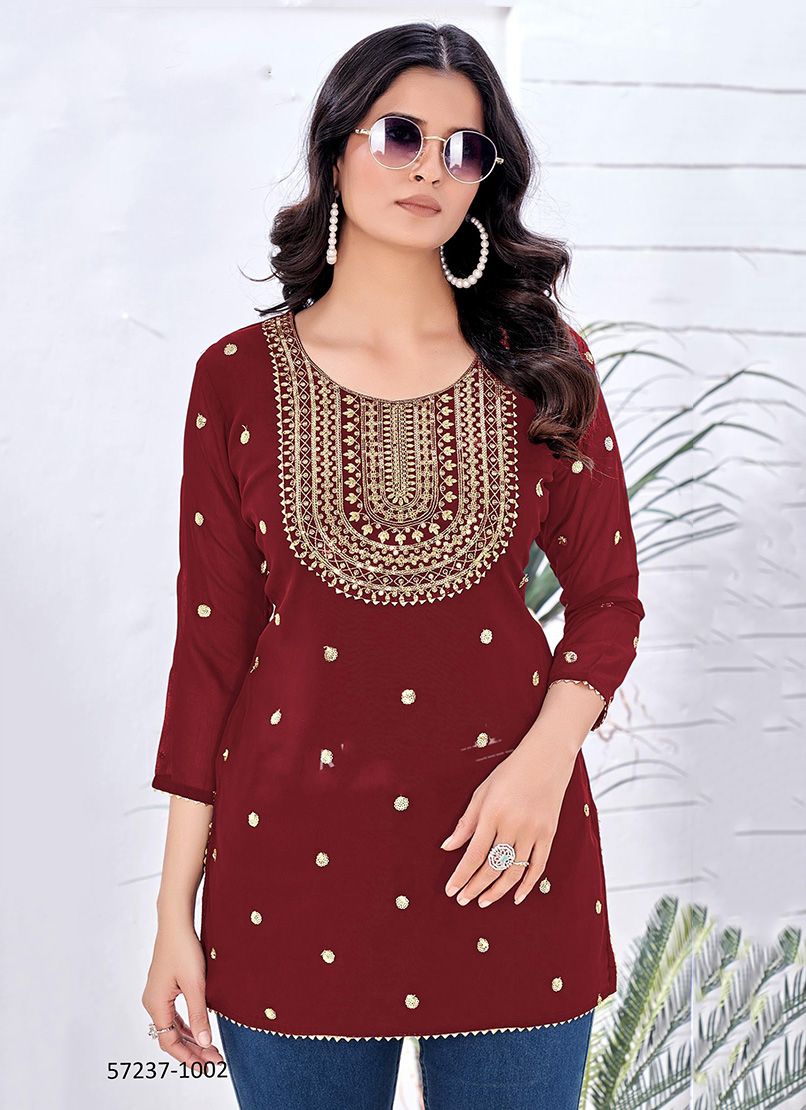 GOLD BEAUTY - Catalog # 57237 (Set of 6 Readymade Women's Kurtis / Tops) by Brand STROLLAY ®