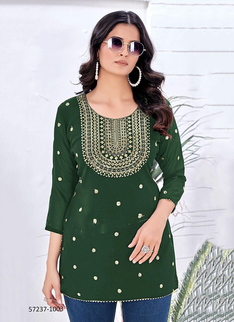 GOLD BEAUTY - Catalog # 57237 (Set of 6 Readymade Women's Kurtis / Tops) by Brand STROLLAY ®