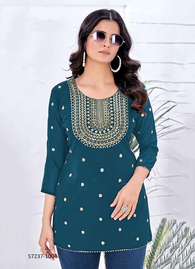 GOLD BEAUTY - Catalog # 57237 (Set of 6 Readymade Women's Kurtis / Tops) by Brand STROLLAY ®