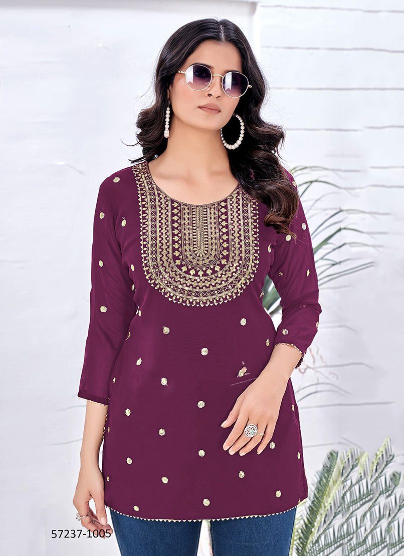 GOLD BEAUTY - Catalog # 57237 (Set of 6 Readymade Women's Kurtis / Tops) by Brand STROLLAY ®