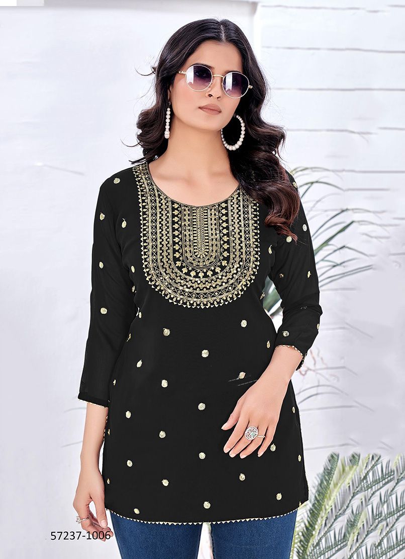 GOLD BEAUTY - Catalog # 57237 (Set of 6 Readymade Women's Kurtis / Tops) by Brand STROLLAY ®