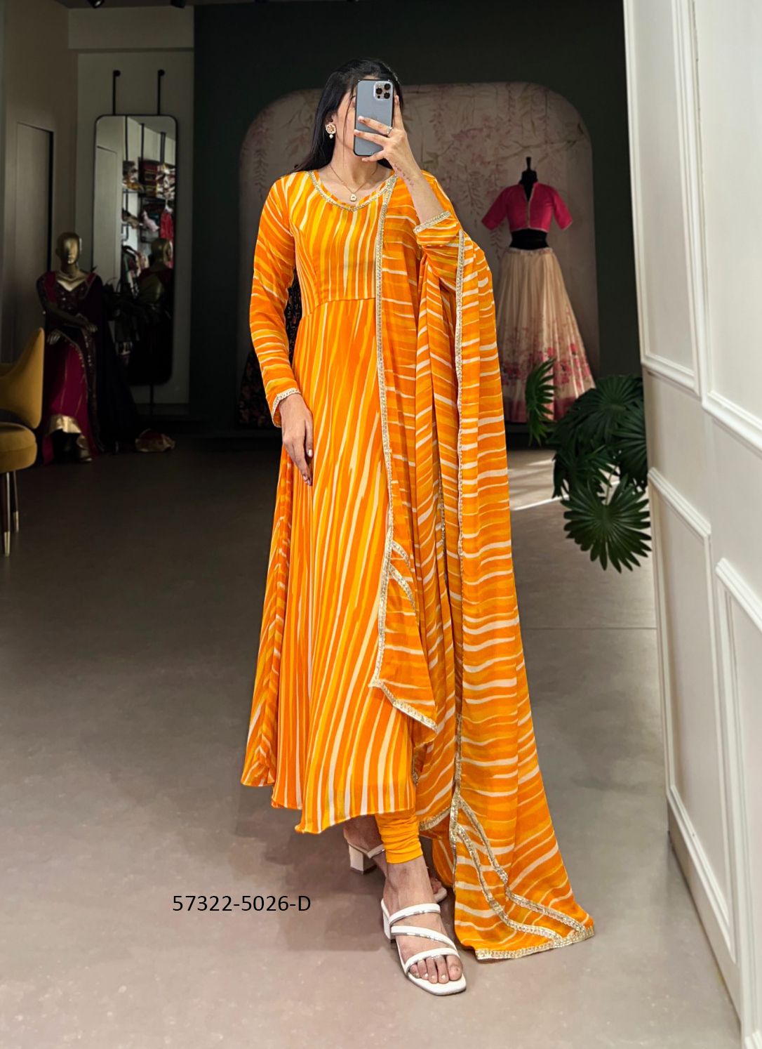 COLORFUL LEHERIYA PRINT - Catalog # 57322 (Set of 4 Readymade Gowns) by Brand STROLLAY ® COLORFUL LEHERIYA PRINT - Catalog # 57322 (Set of 4 Readymade Gowns) by Brand STROLLAY ®