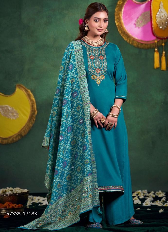 AMRIT - Catalog # 57333 (Set of 6 Semi-Stitched / Un-Stitched Suits) by Brand AAA BY KALARANG