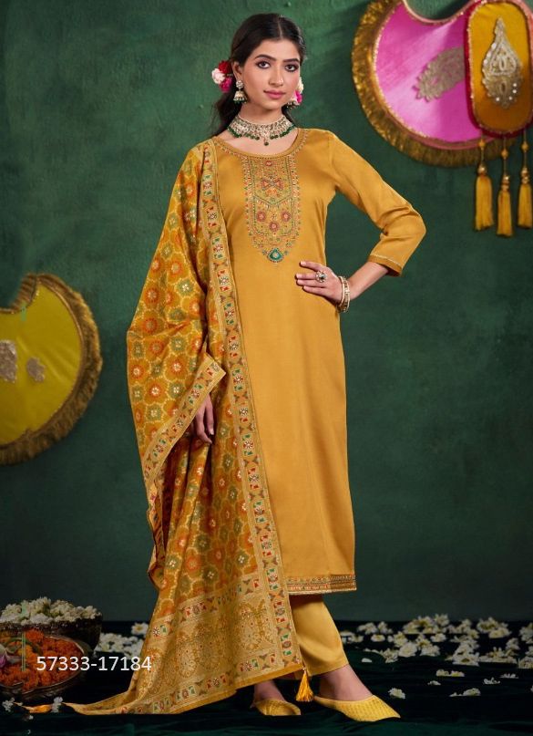 AMRIT - Catalog # 57333 (Set of 6 Semi-Stitched / Un-Stitched Suits) by Brand AAA BY KALARANG