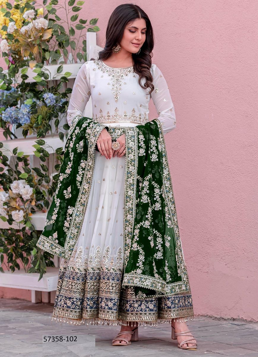 WHTE RAMADAN SPECIAL ANARKALIS - Catalog # 57358 (Set of 4 Readymade Salwar Suits) by Brand STROLLAY ®