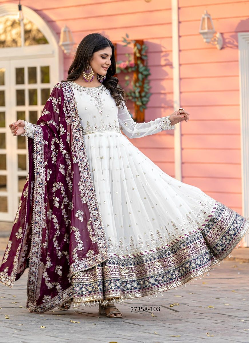 WHTE RAMADAN SPECIAL ANARKALIS - Catalog # 57358 (Set of 4 Readymade Salwar Suits) by Brand STROLLAY ®