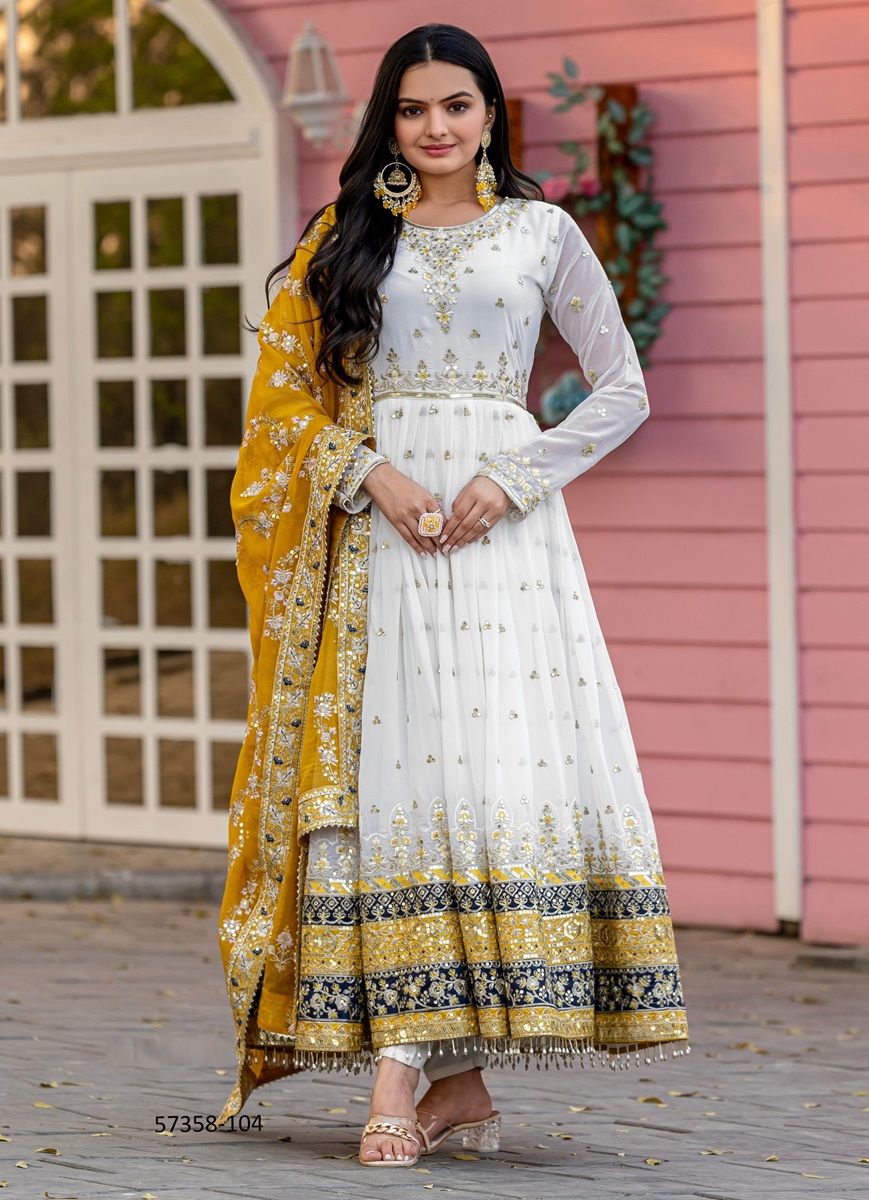 WHTE RAMADAN SPECIAL ANARKALIS - Catalog # 57358 (Set of 4 Readymade Salwar Suits) by Brand STROLLAY ®