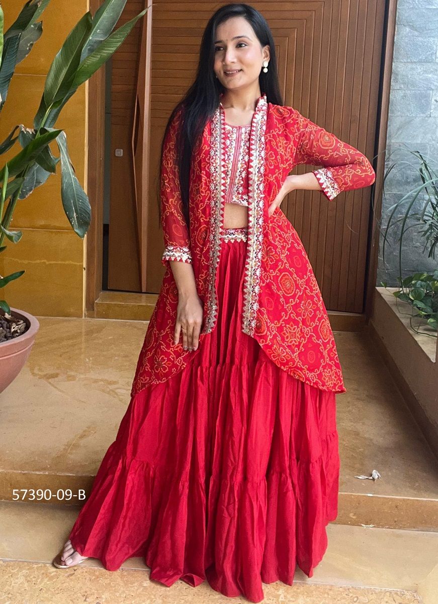 BANDHEJ CHOLI LEHENGA WITH SHRUG - Catalog # 57390 (Set of 2 Readymade Lehengas) by Brand STROLLAY ®