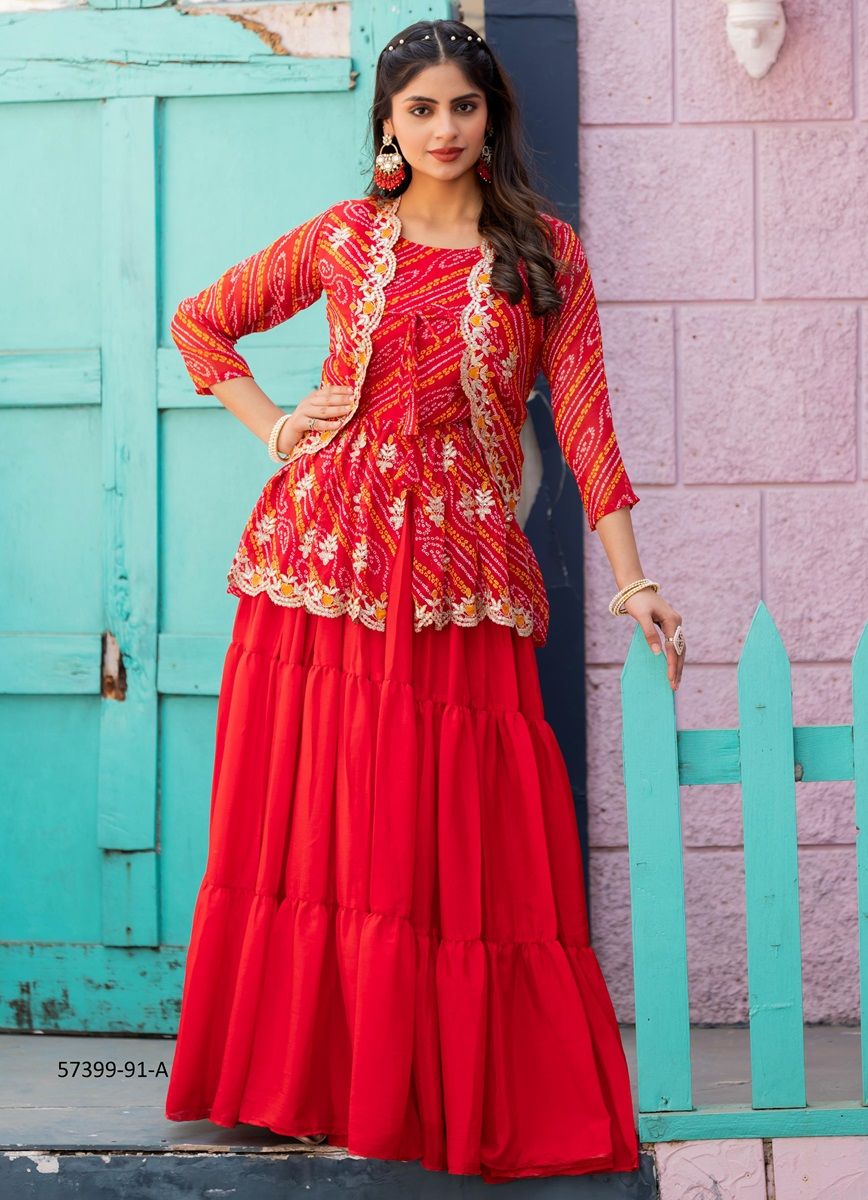 BANDHANI LEHENGA WITH JACKET - Catalog # 57399 (Set of 2 Readymade Lehengas) by Brand STROLLAY ® BANDHANI LEHENGA WITH JACKET - Catalog # 57399 (Set of 2 Readymade Lehengas) by Brand STROLLAY ®