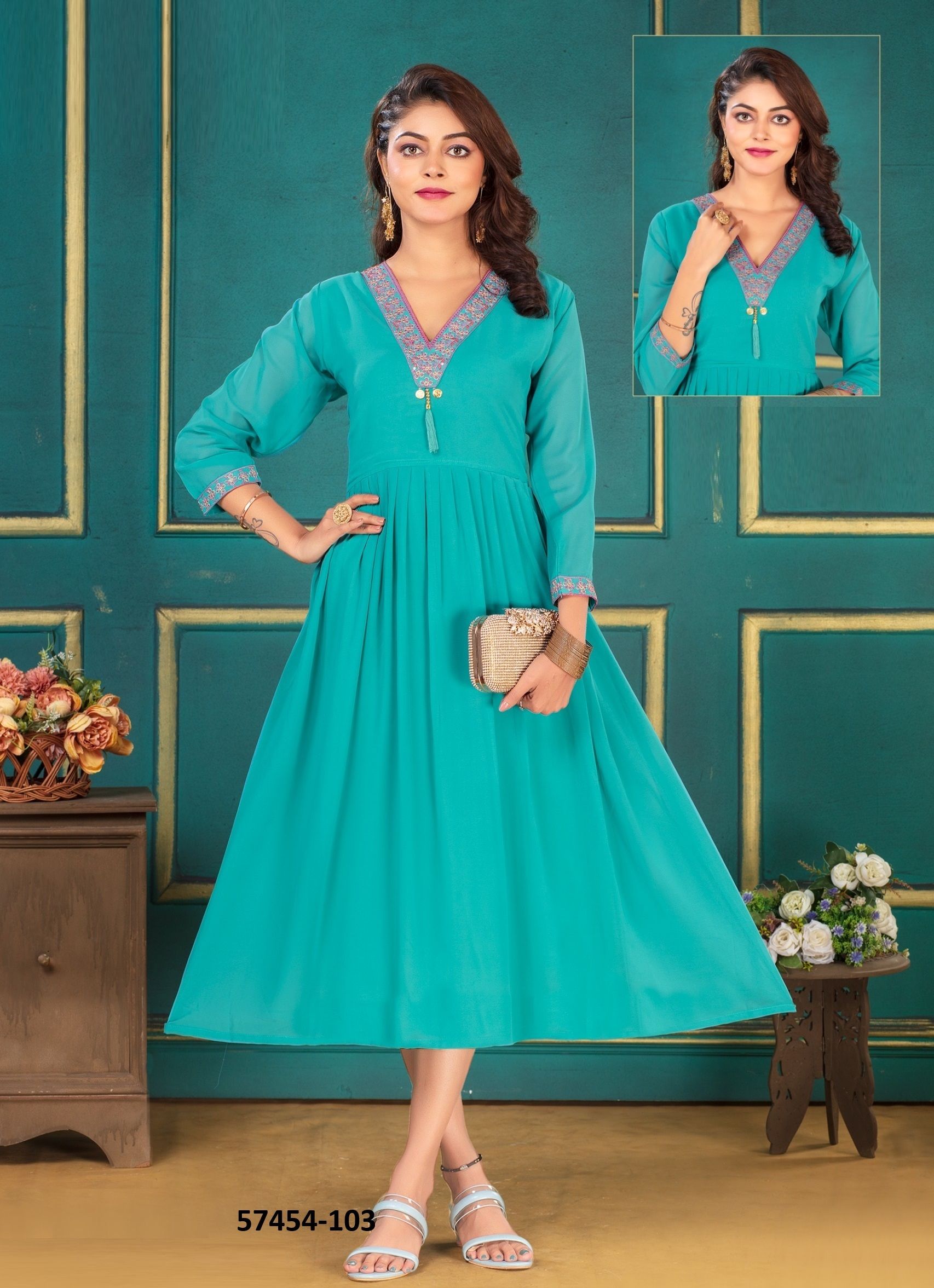 SANGEETA - Catalog # 57454 (Set of 6 Readymade Women's Kurtis / Tops) by Brand DEE CEE