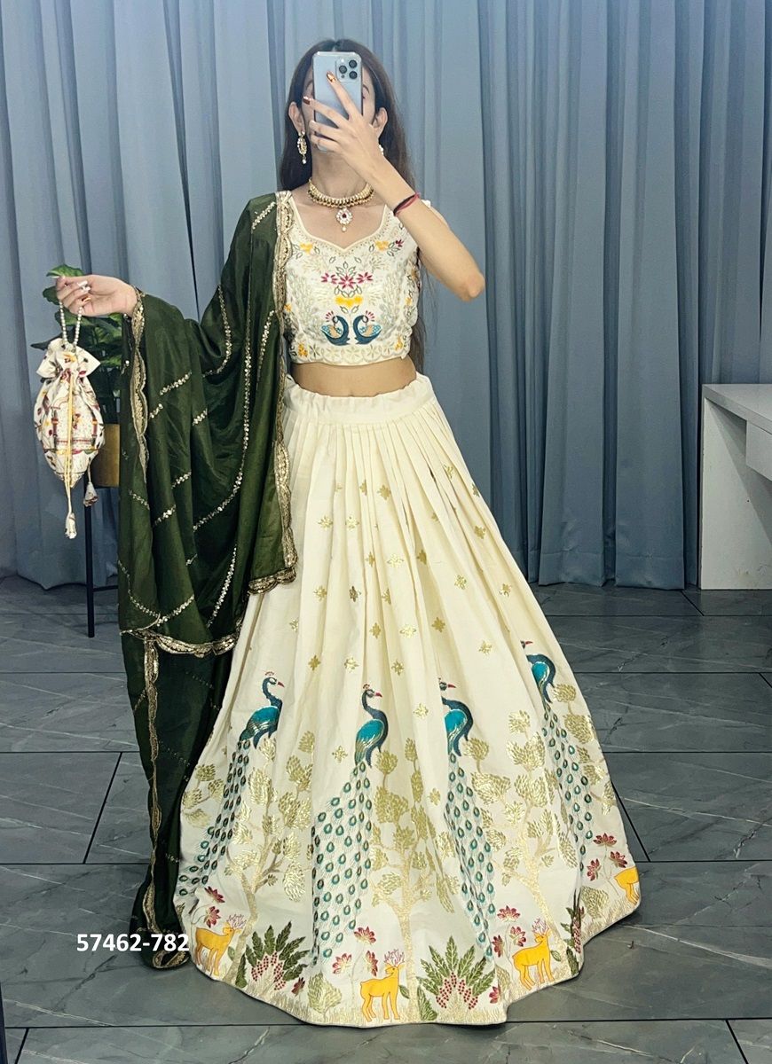 COTTON PEACOCK FOIL PRINT - Catalog # 57462 (Set of 3 Semi-Stitched Lehengas) by Brand STROLLAY ®