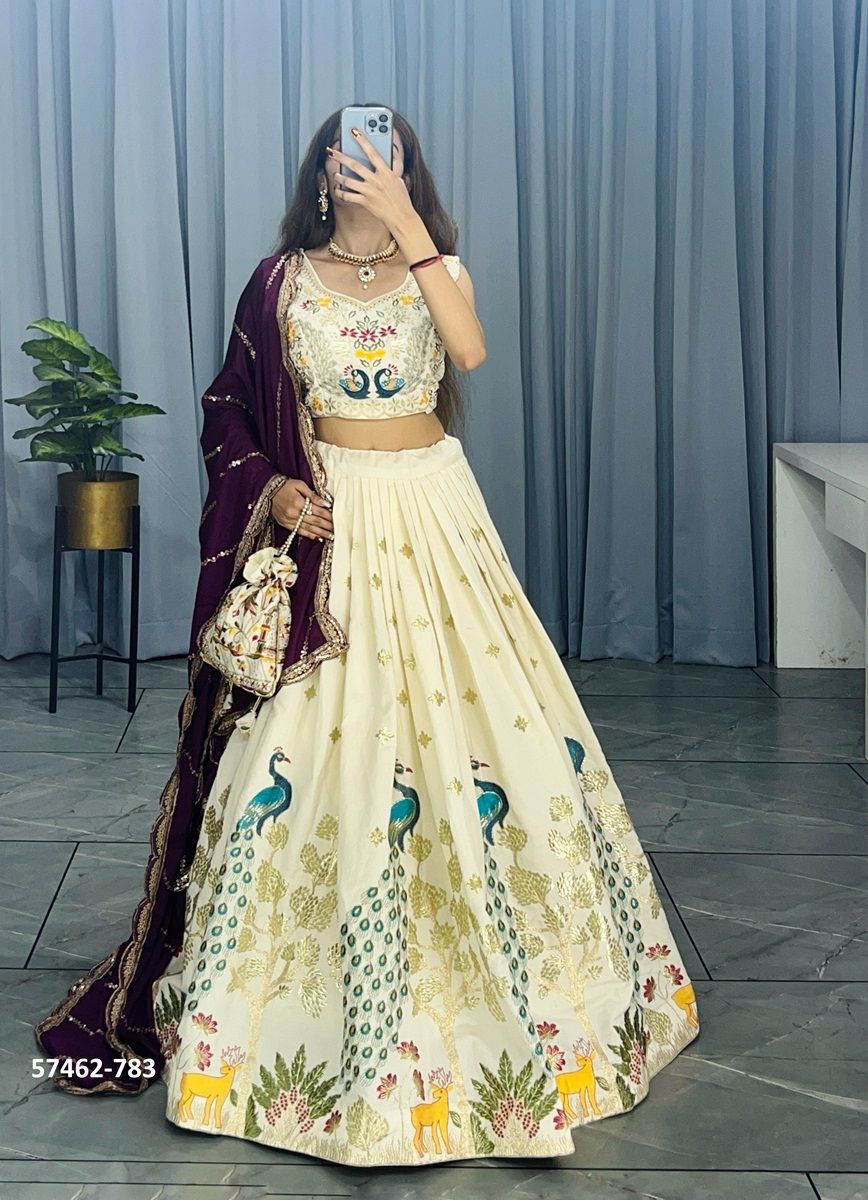 COTTON PEACOCK FOIL PRINT - Catalog # 57462 (Set of 3 Semi-Stitched Lehengas) by Brand STROLLAY ®