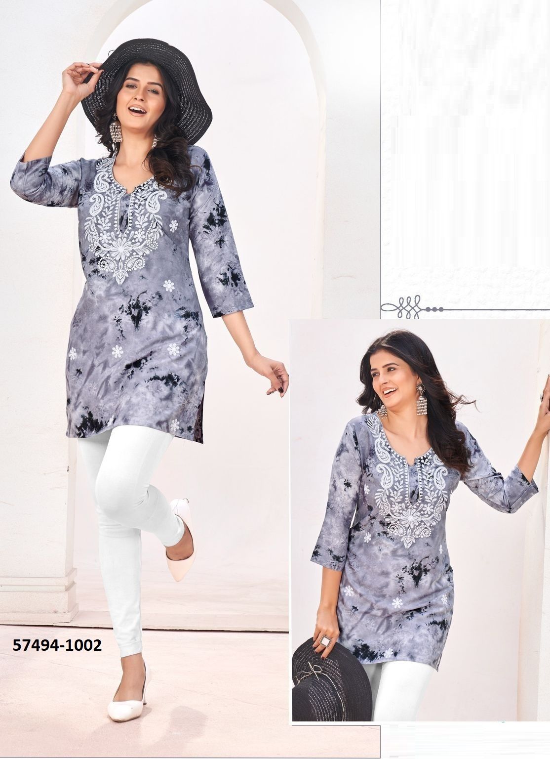 TIE & DYE PRINT - Catalog # 57494 (Set of 6 Readymade Women's Kurtis / Tops) by Brand BLUE HILLS