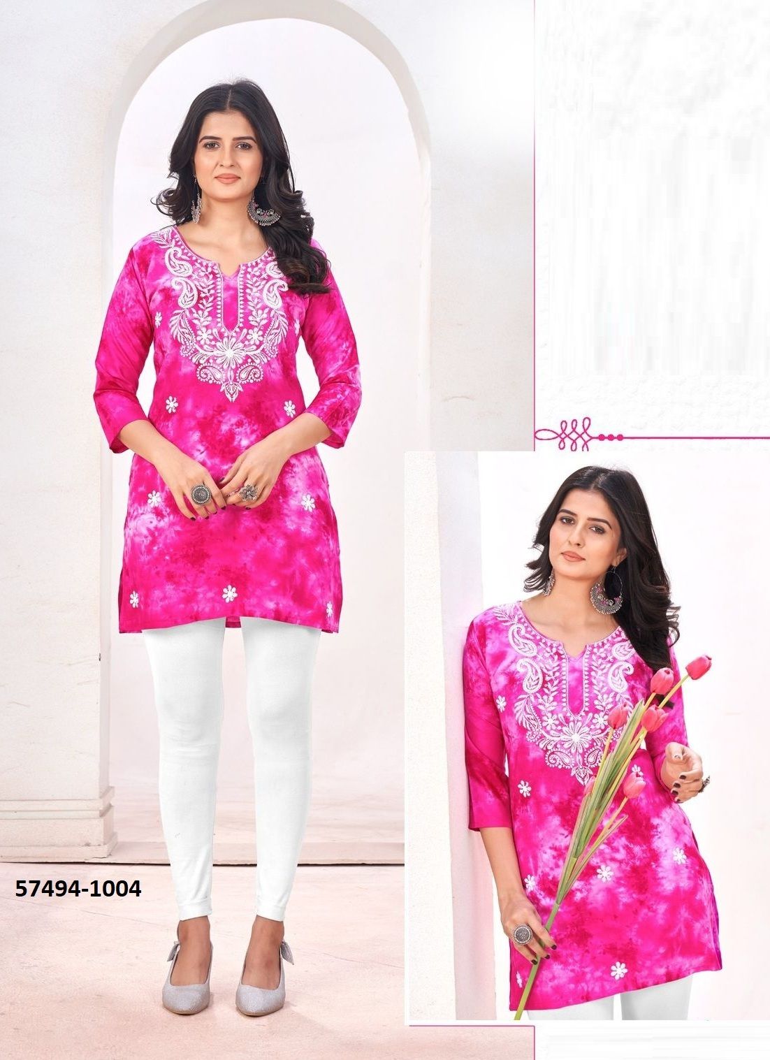TIE & DYE PRINT - Catalog # 57494 (Set of 6 Readymade Women's Kurtis / Tops) by Brand BLUE HILLS