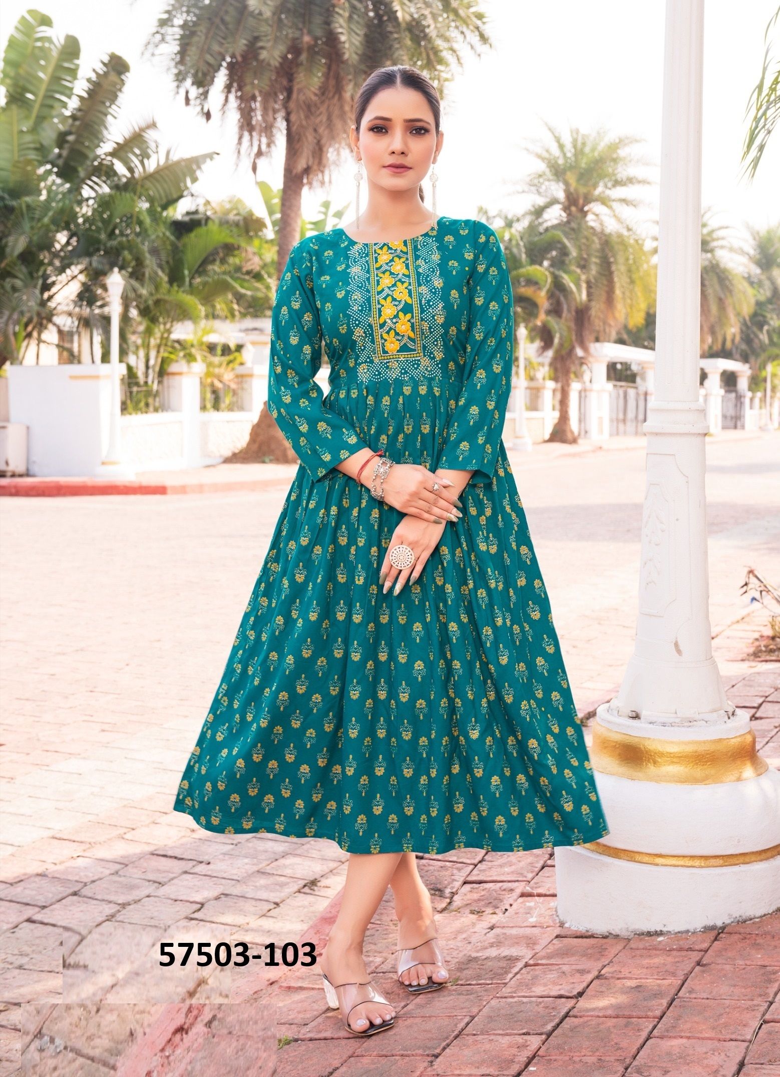 RAAHAT - Catalog # 57503 (Set of 6 Readymade Women's Kurtis / Tops) by Brand DEE CEE