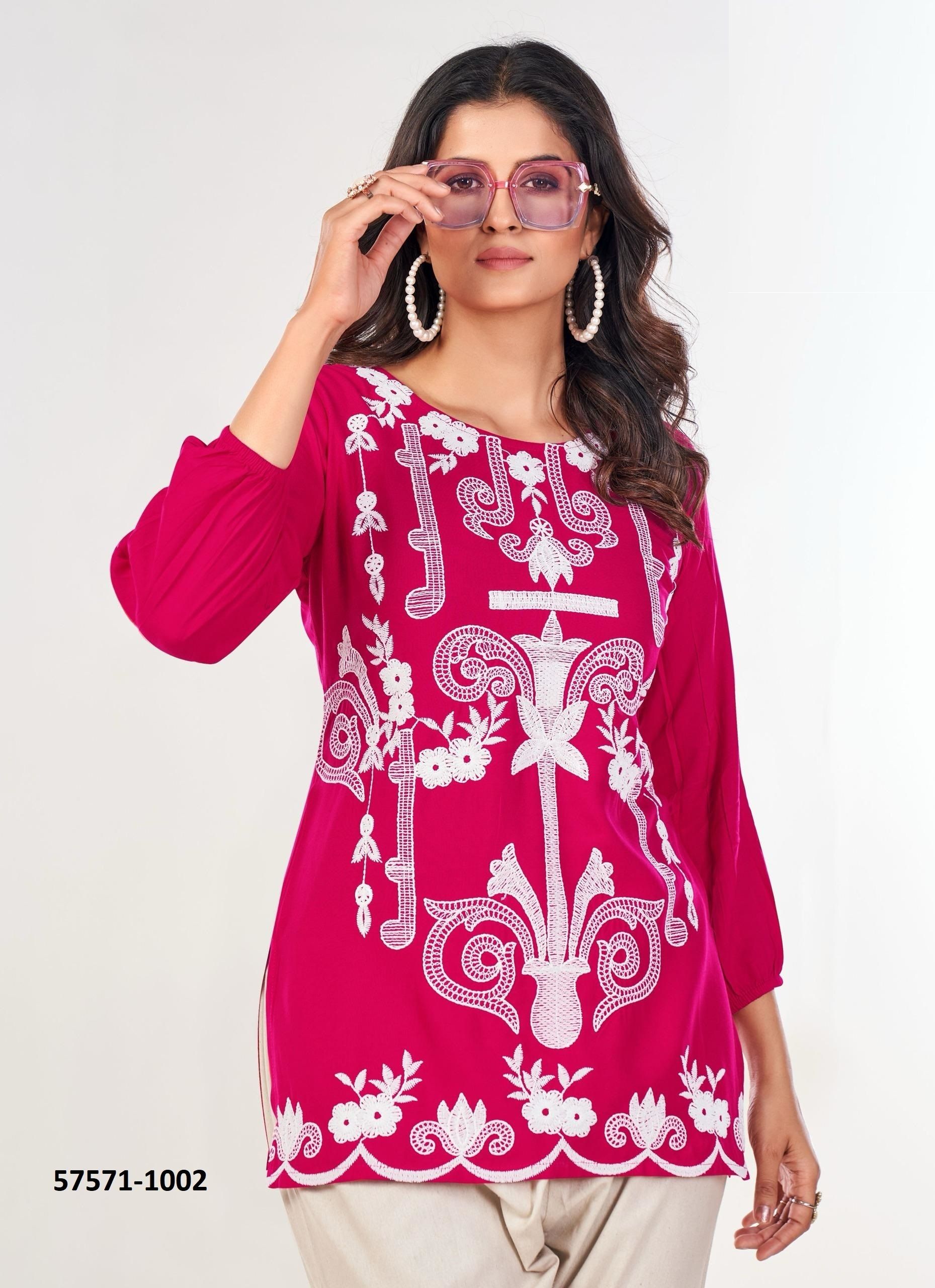 RABBIT - Catalog # 57571 (Set of 6 Readymade Women's Kurtis / Tops) by Brand BLUE HILLS
