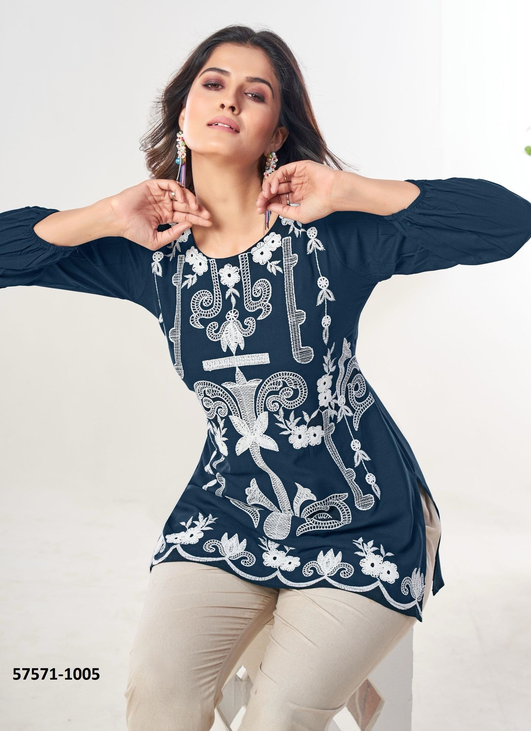 RABBIT - Catalog # 57571 (Set of 6 Readymade Women's Kurtis / Tops) by Brand BLUE HILLS