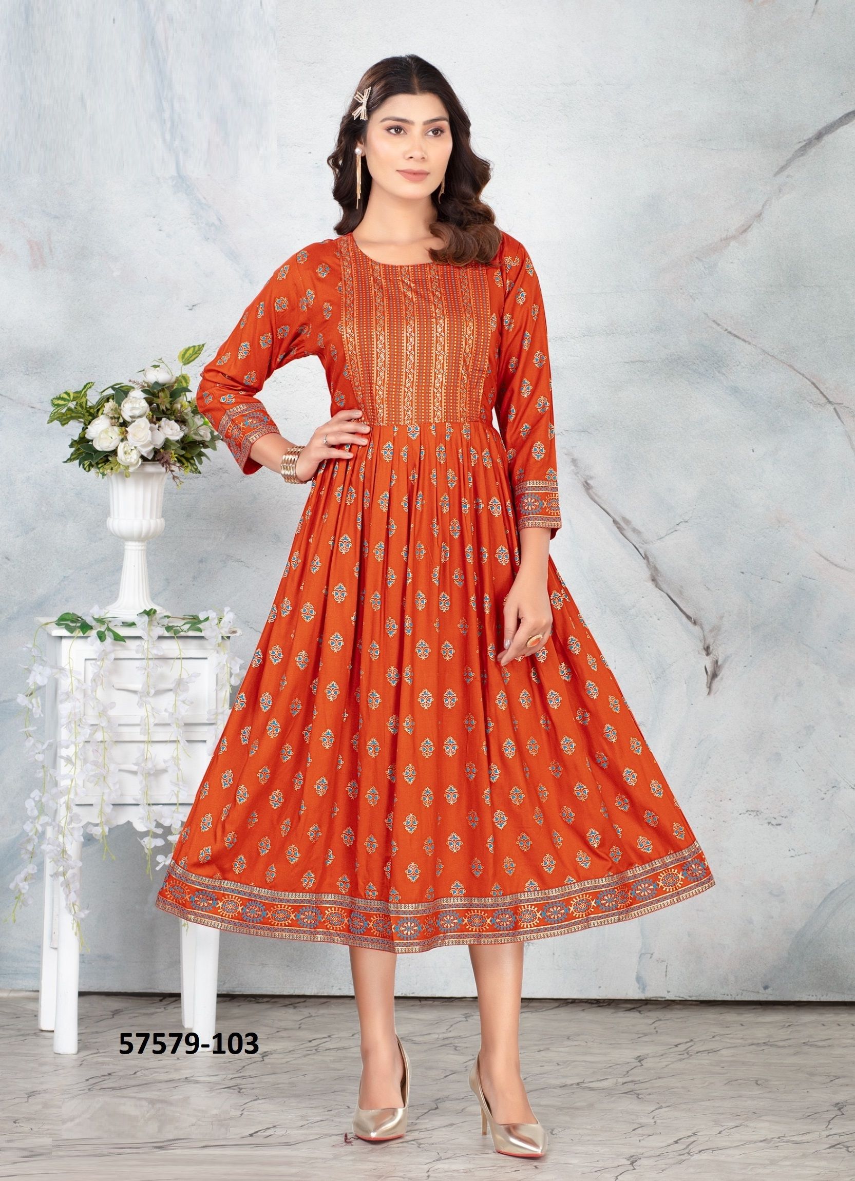RAAZI - Catalog # 57579 (Set of 6 Readymade Women's Kurtis / Tops) by Brand DEE CEE