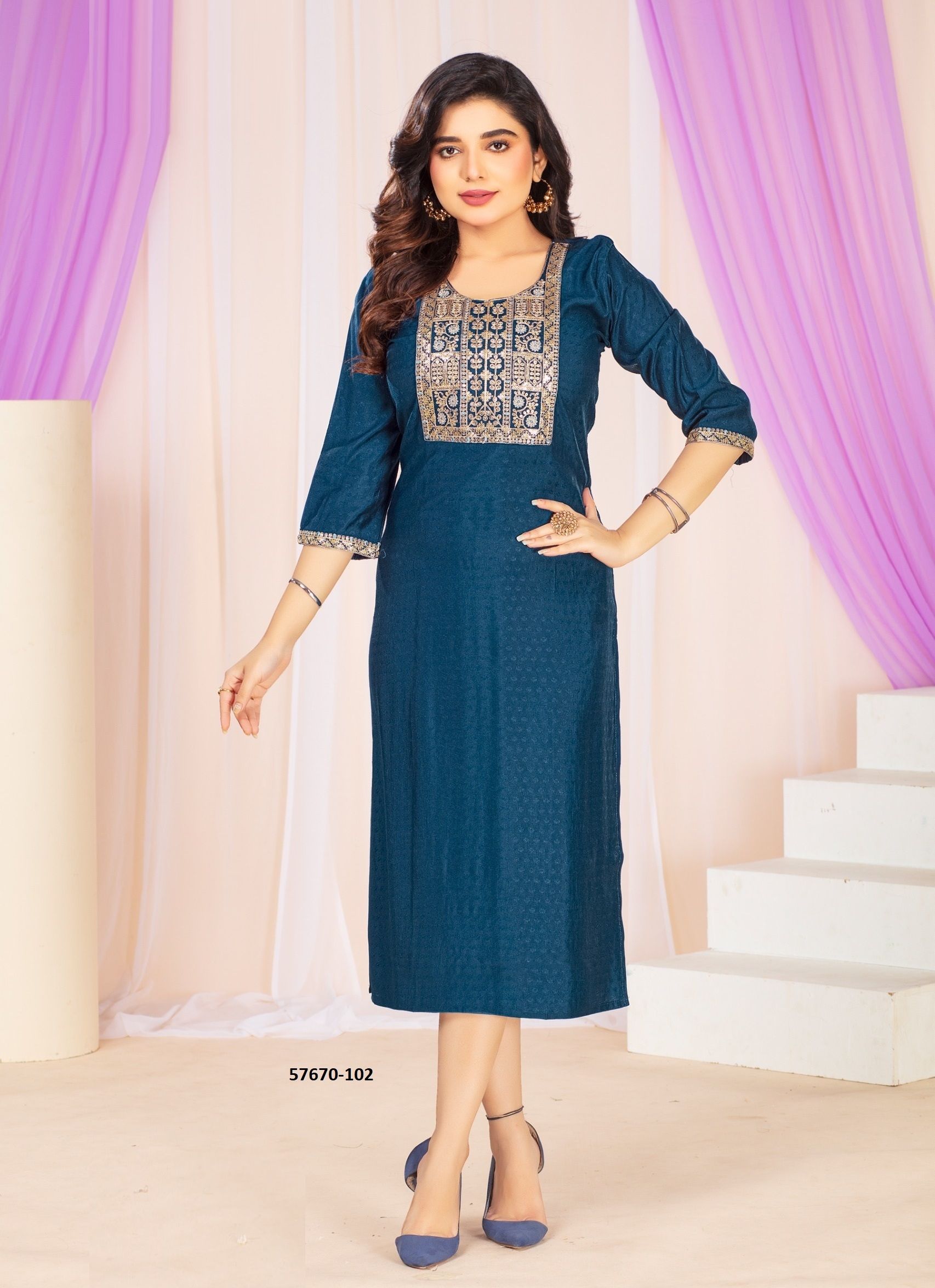 ZAHA - Catalog # 57670 (Set of 6 Readymade Women's Kurtis / Tops) by Brand DEE CEE