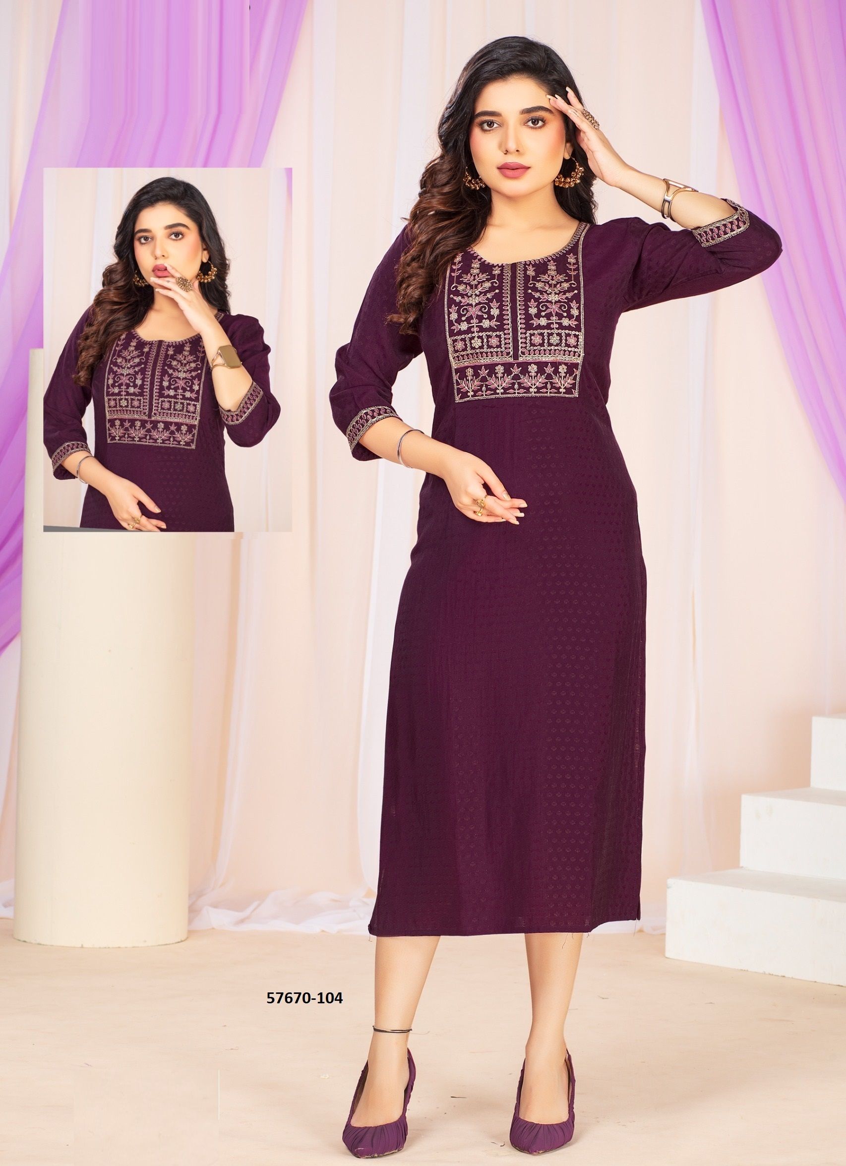 ZAHA - Catalog # 57670 (Set of 6 Readymade Women's Kurtis / Tops) by Brand DEE CEE