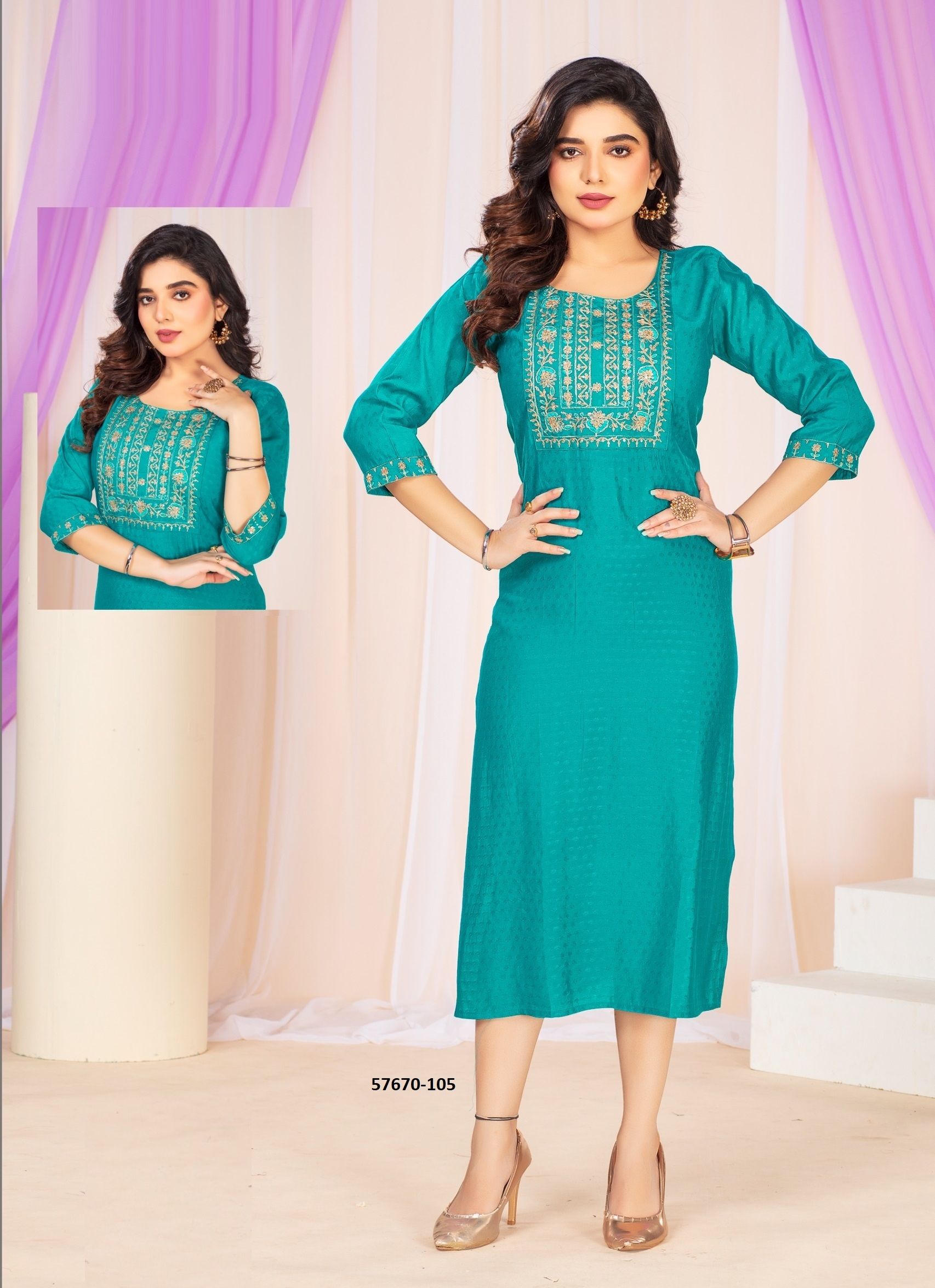 ZAHA - Catalog # 57670 (Set of 6 Readymade Women's Kurtis / Tops) by Brand DEE CEE