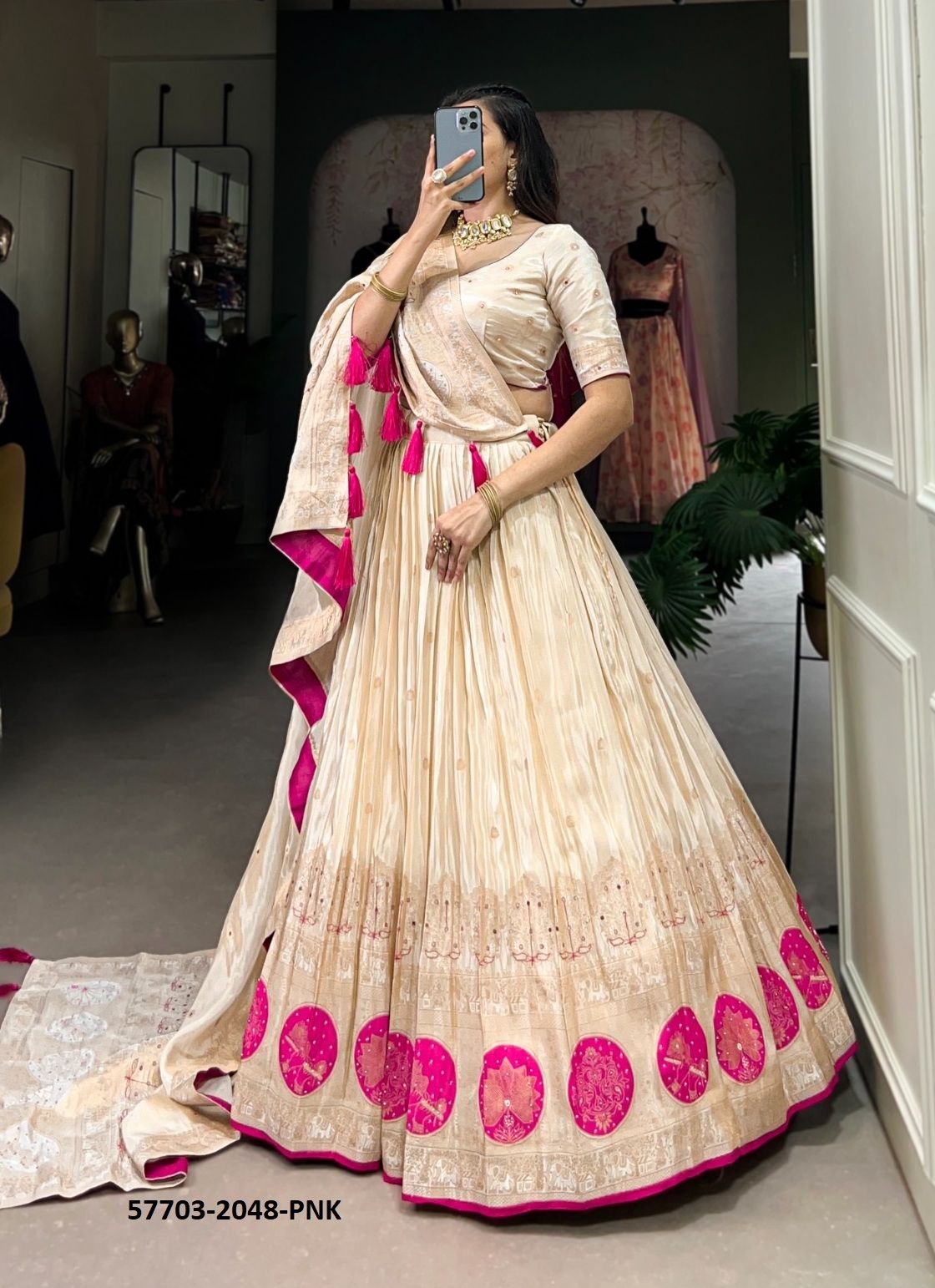 CREAM 2048 - Catalog # 57703 (Set of 4 Semi-Stitched Lehengas) by Brand STROLLAY ®