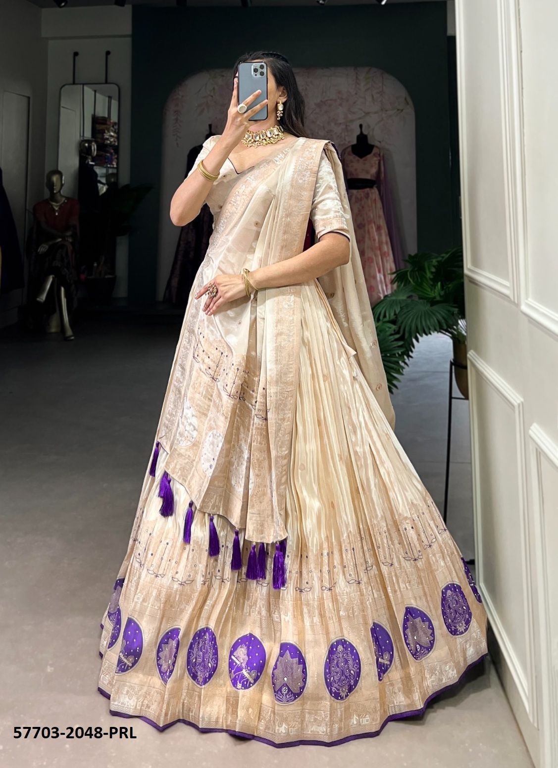 CREAM 2048 - Catalog # 57703 (Set of 4 Semi-Stitched Lehengas) by Brand STROLLAY ®