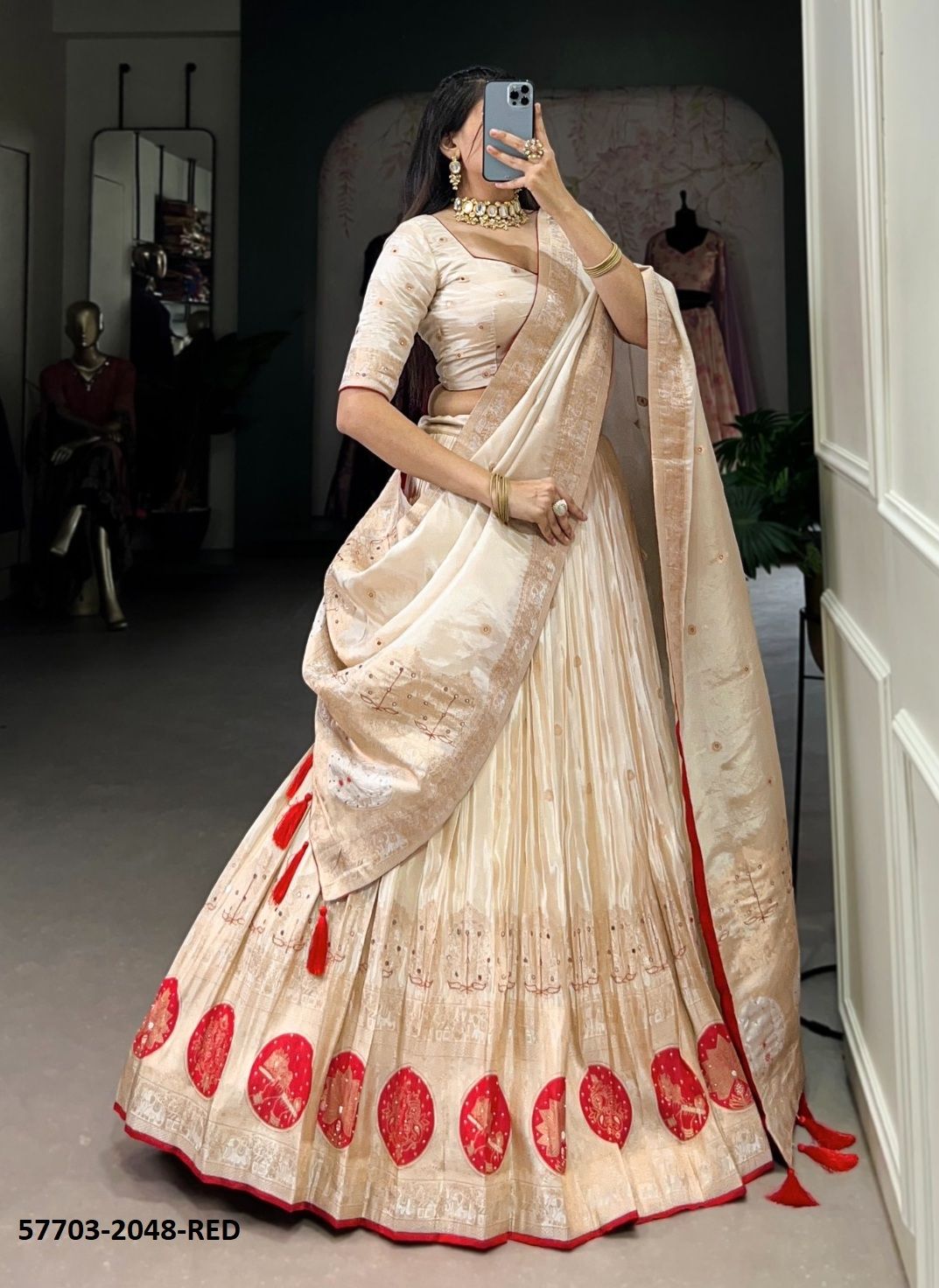 CREAM 2048 - Catalog # 57703 (Set of 4 Semi-Stitched Lehengas) by Brand STROLLAY ®