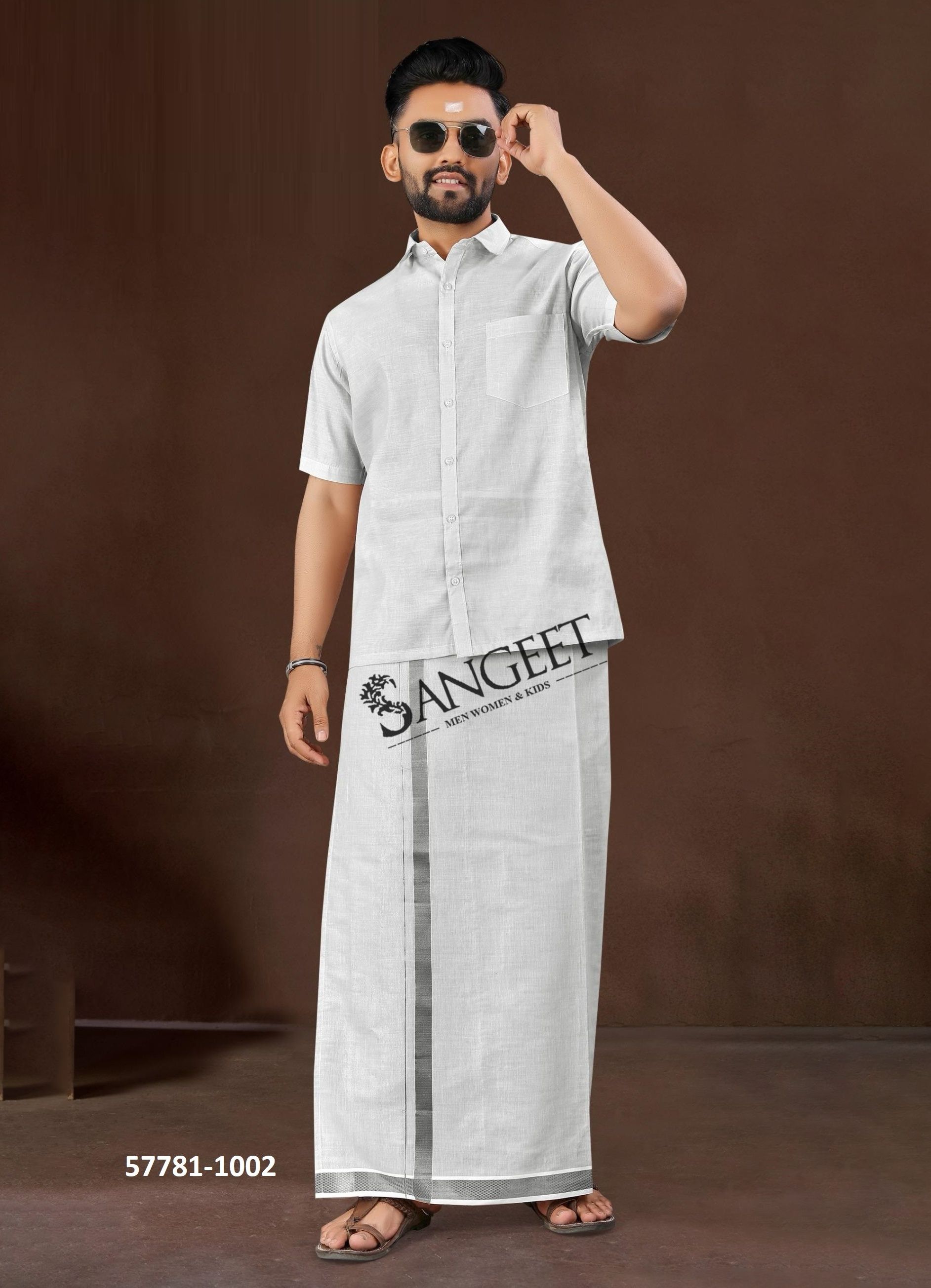 YUVRAJ [SHIRT + SOUTH INDIAN VESTI] - Catalog # 57781 (Set of 4 Men's Ethnic Wear) by Brand SANGEET