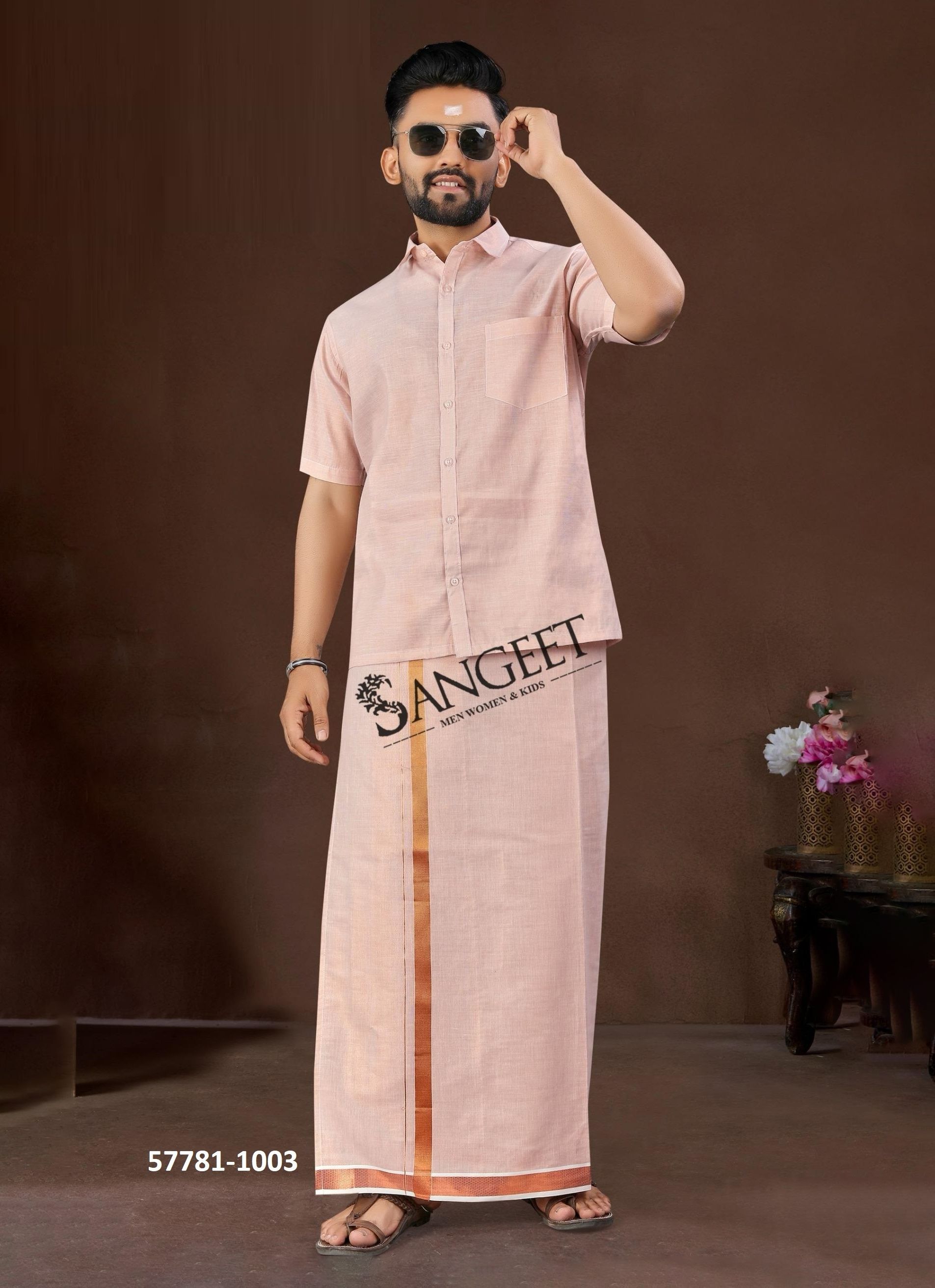 YUVRAJ [SHIRT + SOUTH INDIAN VESTI] - Catalog # 57781 (Set of 4 Men's Ethnic Wear) by Brand SANGEET