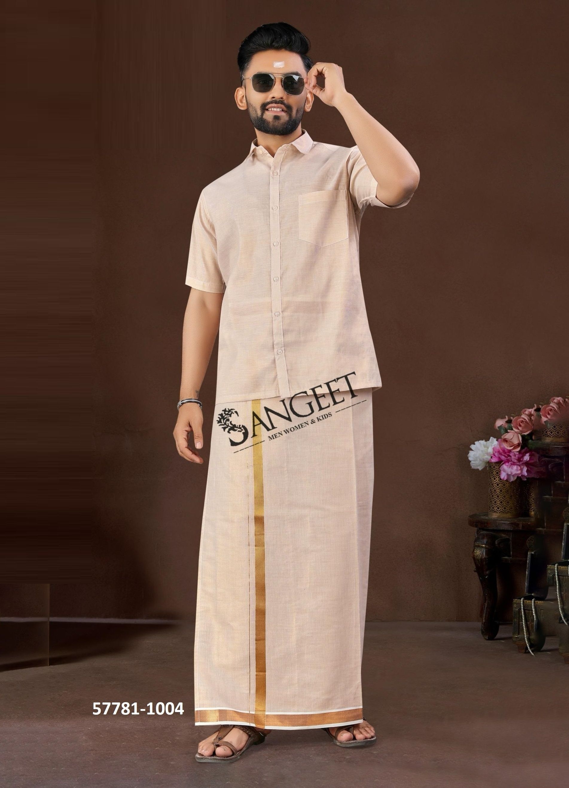 YUVRAJ [SHIRT + SOUTH INDIAN VESTI] - Catalog # 57781 (Set of 4 Men's Ethnic Wear) by Brand SANGEET
