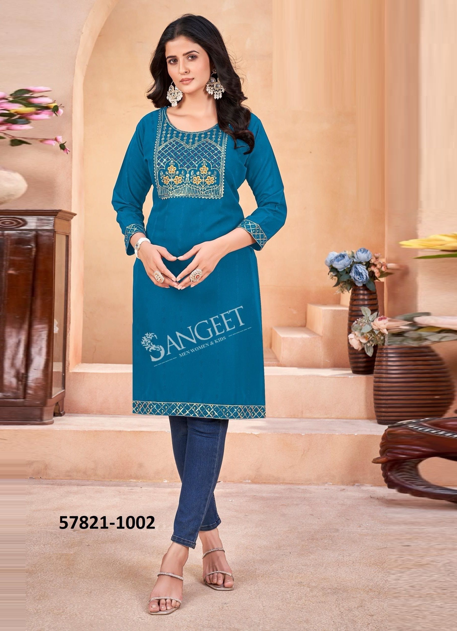 GEETA 3 - Catalog # 57821 (Set of 8 Readymade Women's Kurtis / Tops) by Brand SANGEET