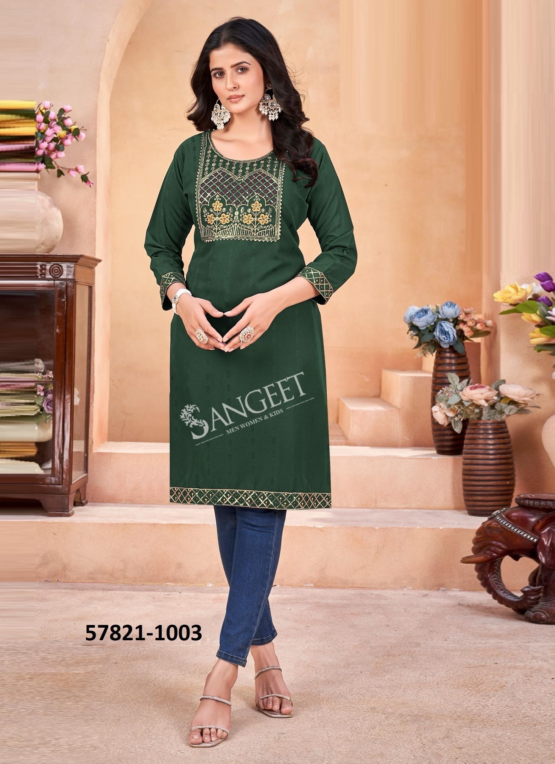 GEETA 3 - Catalog # 57821 (Set of 8 Readymade Women's Kurtis / Tops) by Brand SANGEET