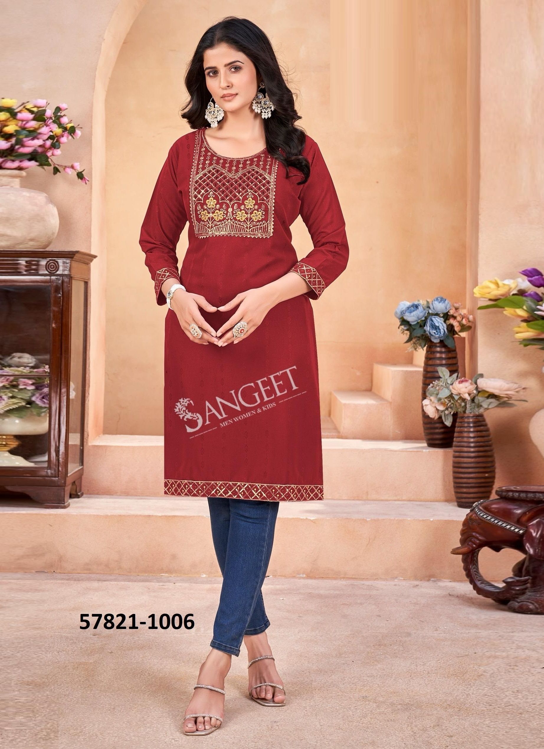 GEETA 3 - Catalog # 57821 (Set of 8 Readymade Women's Kurtis / Tops) by Brand SANGEET