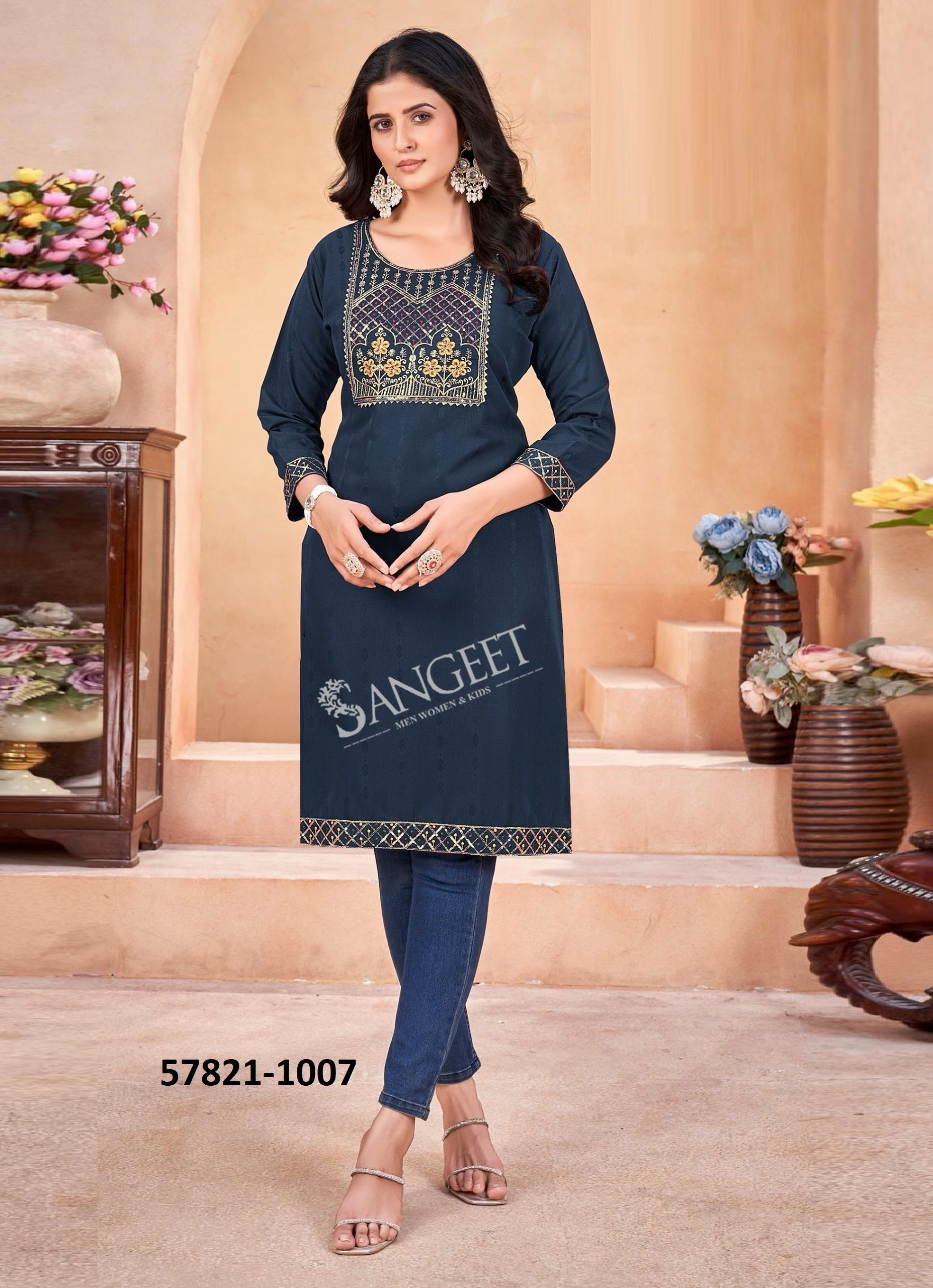 GEETA 3 - Catalog # 57821 (Set of 8 Readymade Women's Kurtis / Tops) by Brand SANGEET