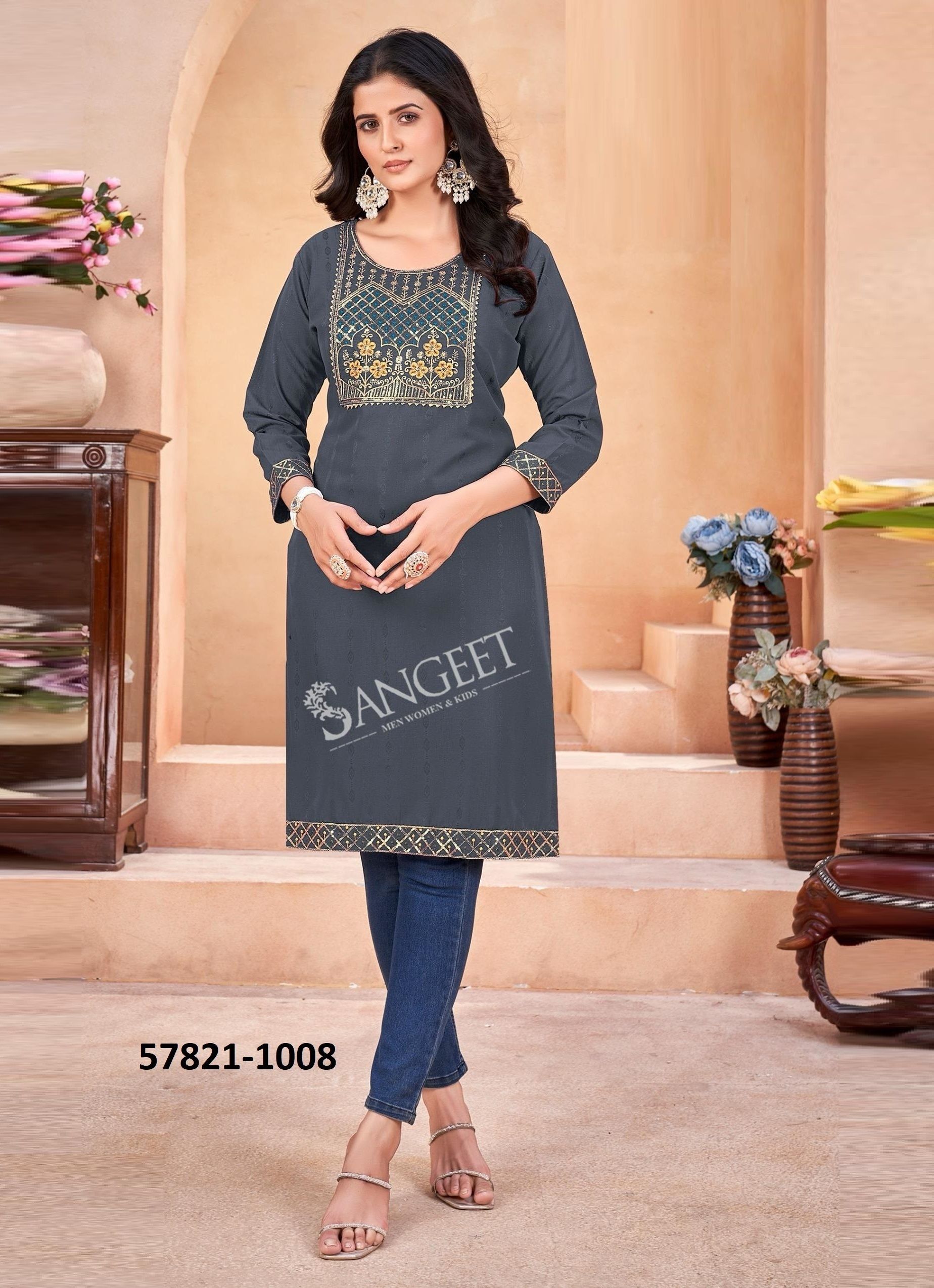 GEETA 3 - Catalog # 57821 (Set of 8 Readymade Women's Kurtis / Tops) by Brand SANGEET