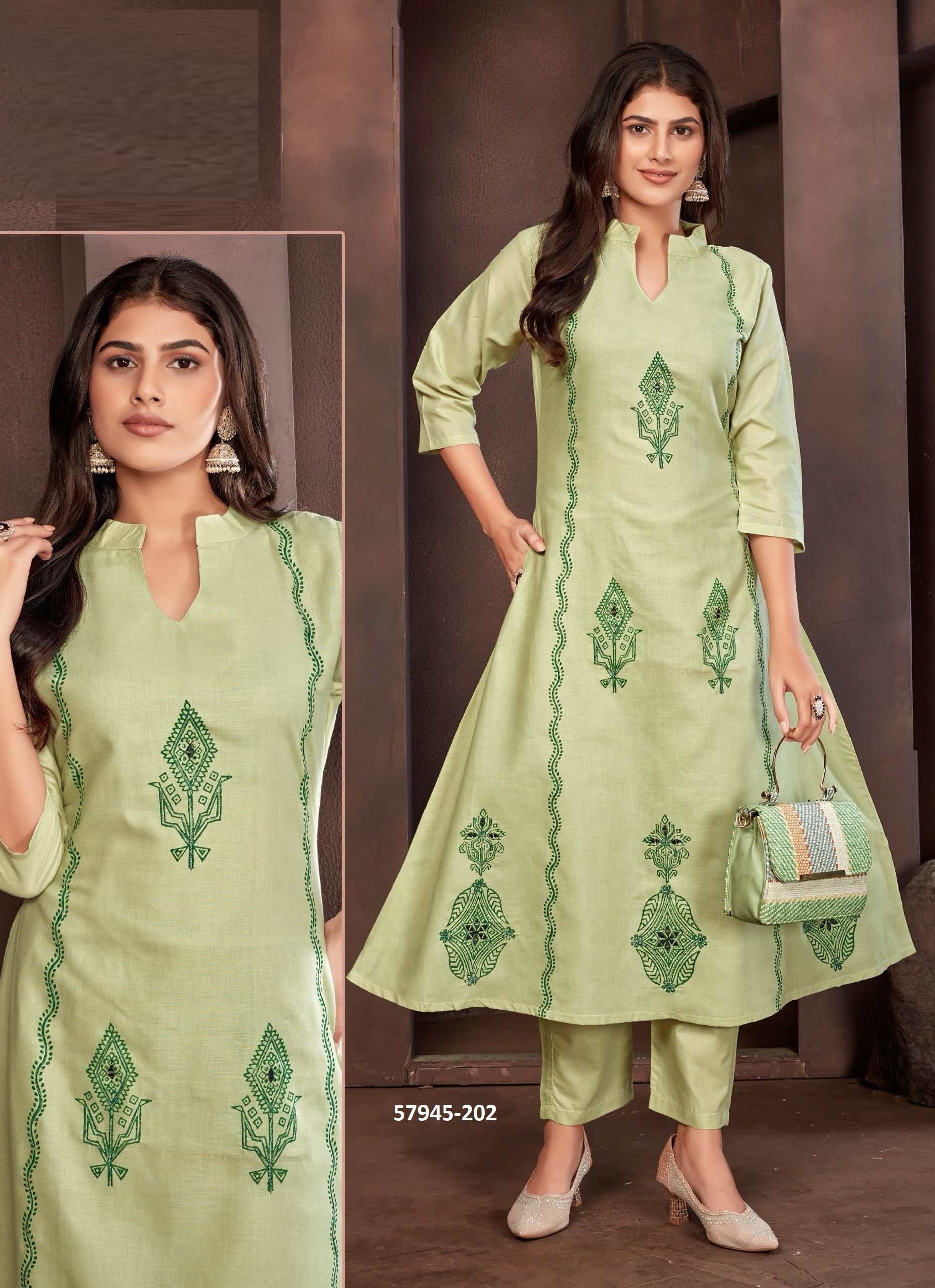 COTTON ANARKALI CO-ORD SETS - Catalog # 57945 (Set of 7 SIZE-SETS [Tops With Bottoms]) by Brand POONAM DESIGNER
