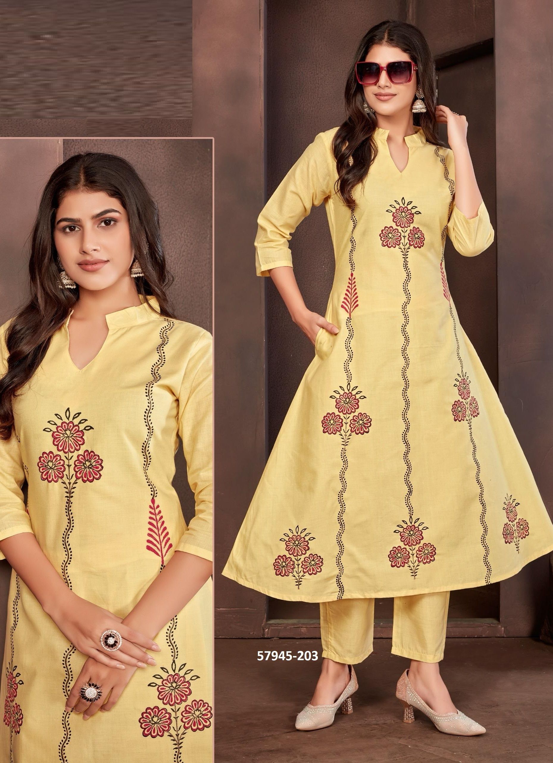 COTTON ANARKALI CO-ORD SETS - Catalog # 57945 (Set of 7 SIZE-SETS [Tops With Bottoms]) by Brand POONAM DESIGNER