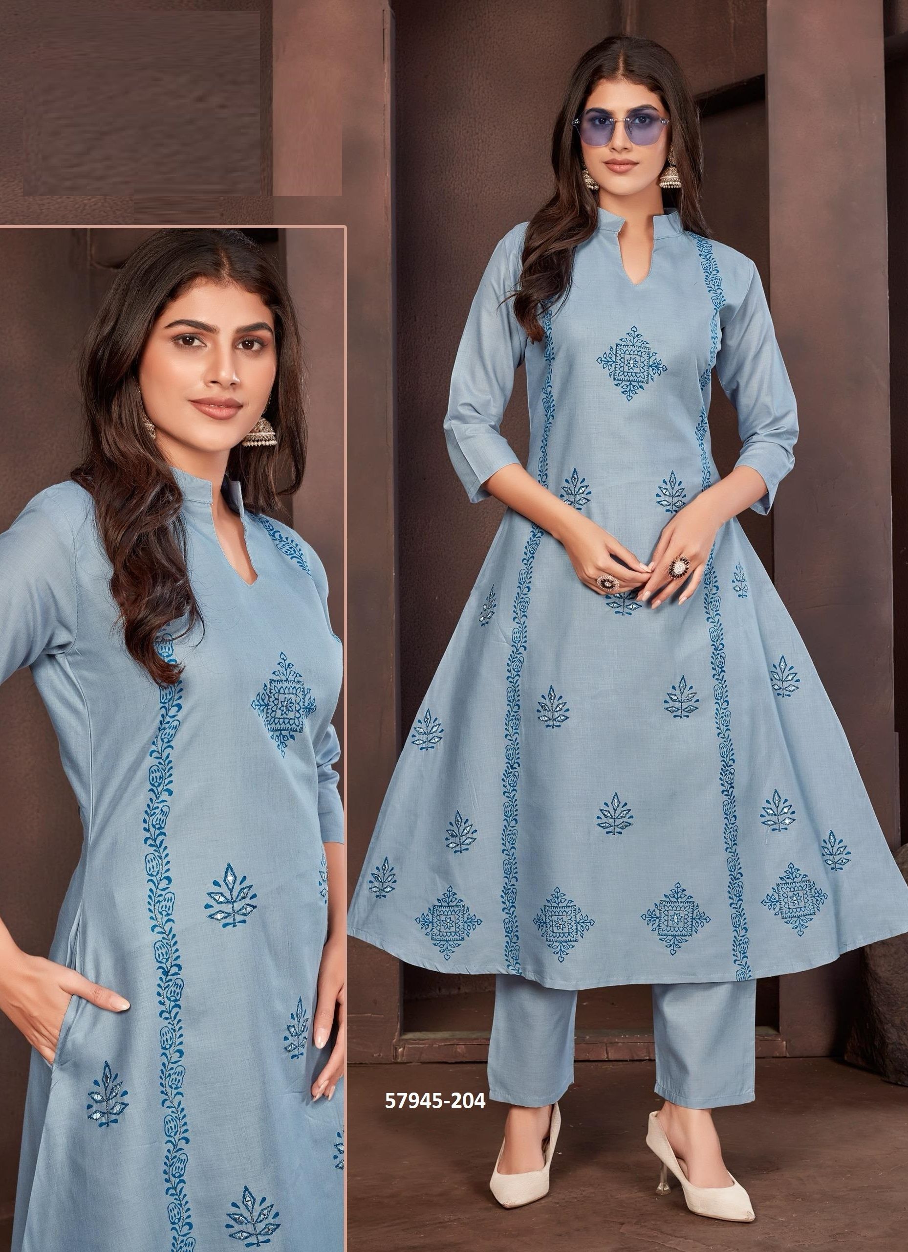 COTTON ANARKALI CO-ORD SETS - Catalog # 57945 (Set of 7 SIZE-SETS [Tops With Bottoms]) by Brand POONAM DESIGNER