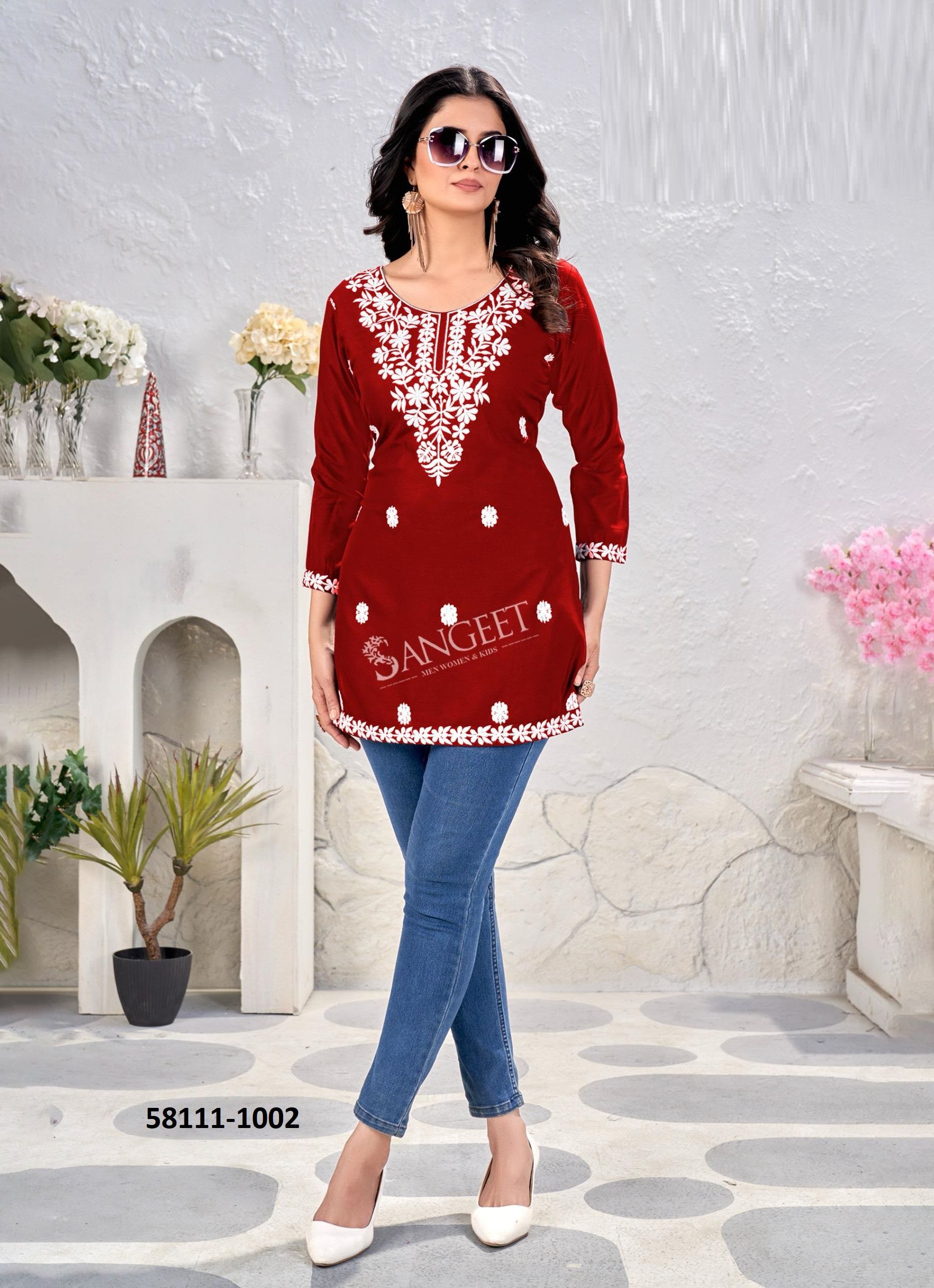 VAISHALI 2 - Catalog # 58111 (Set of 6 Readymade Women's Kurtis / Tops) by Brand SANGEET