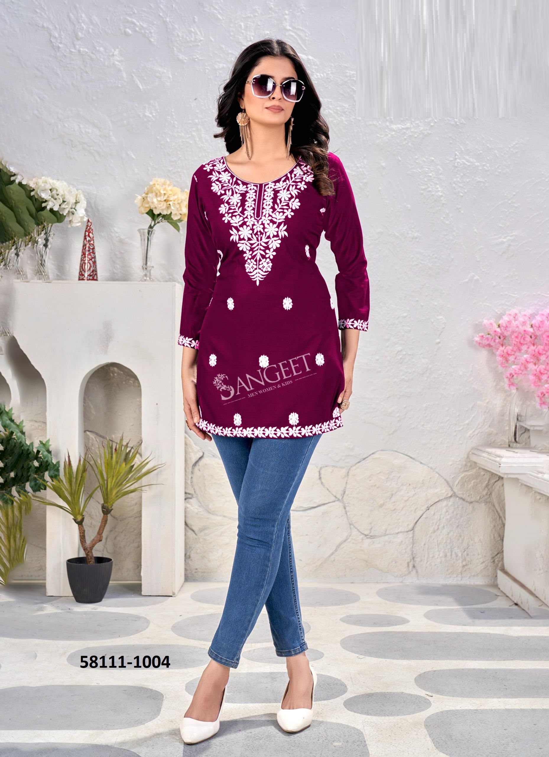 VAISHALI 2 - Catalog # 58111 (Set of 6 Readymade Women's Kurtis / Tops) by Brand SANGEET