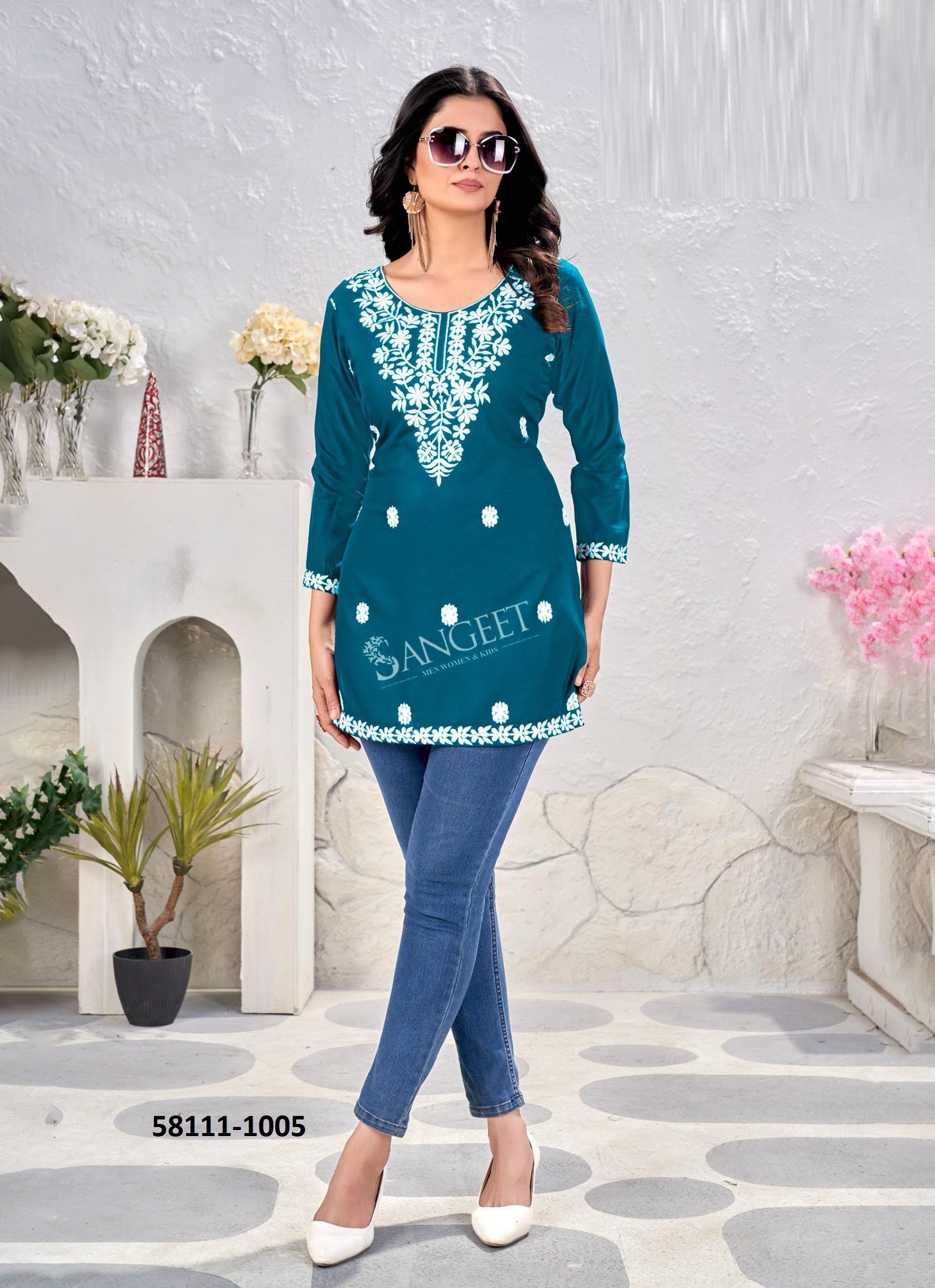 VAISHALI 2 - Catalog # 58111 (Set of 6 Readymade Women's Kurtis / Tops) by Brand SANGEET