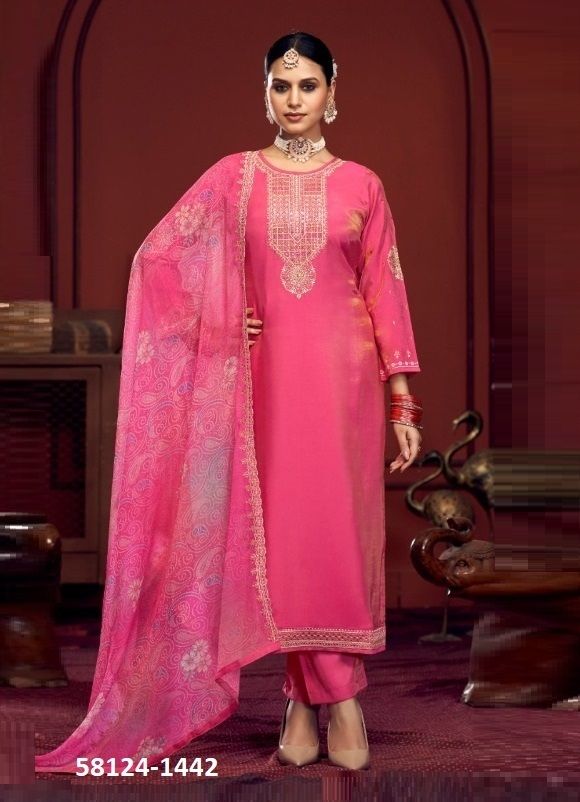 AAHNA - Catalog # 58124 (Set of 4 Semi-Stitched / Un-Stitched Suits) by Brand FOUR DOTS