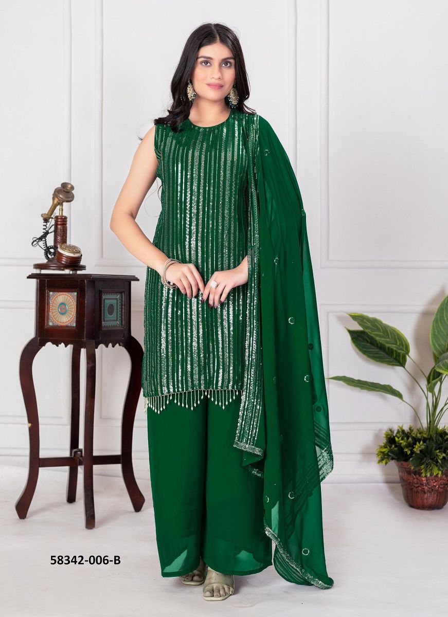 GLITTERING PALAZZOS - Catalog # 58342 (Set of 4 Readymade Salwar Suits) by Brand STROLLAY ®