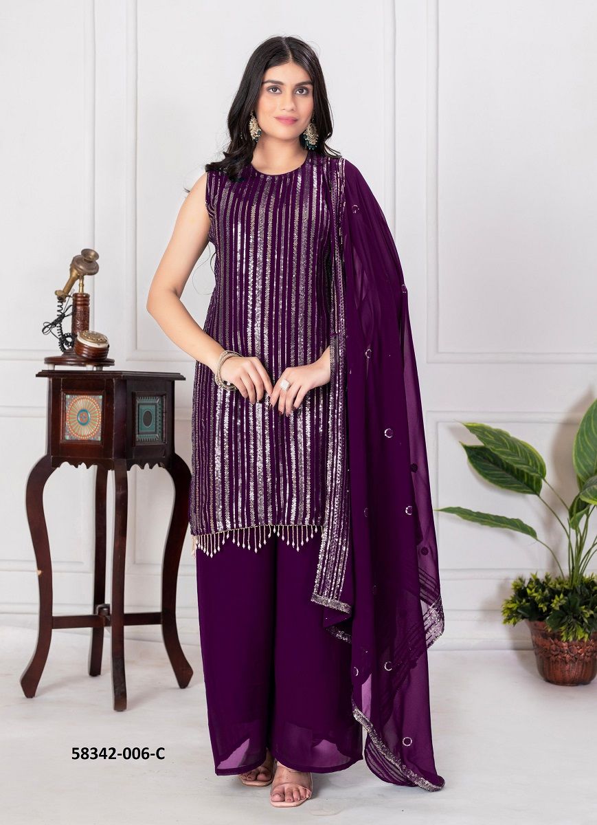 GLITTERING PALAZZOS - Catalog # 58342 (Set of 4 Readymade Salwar Suits) by Brand STROLLAY ®