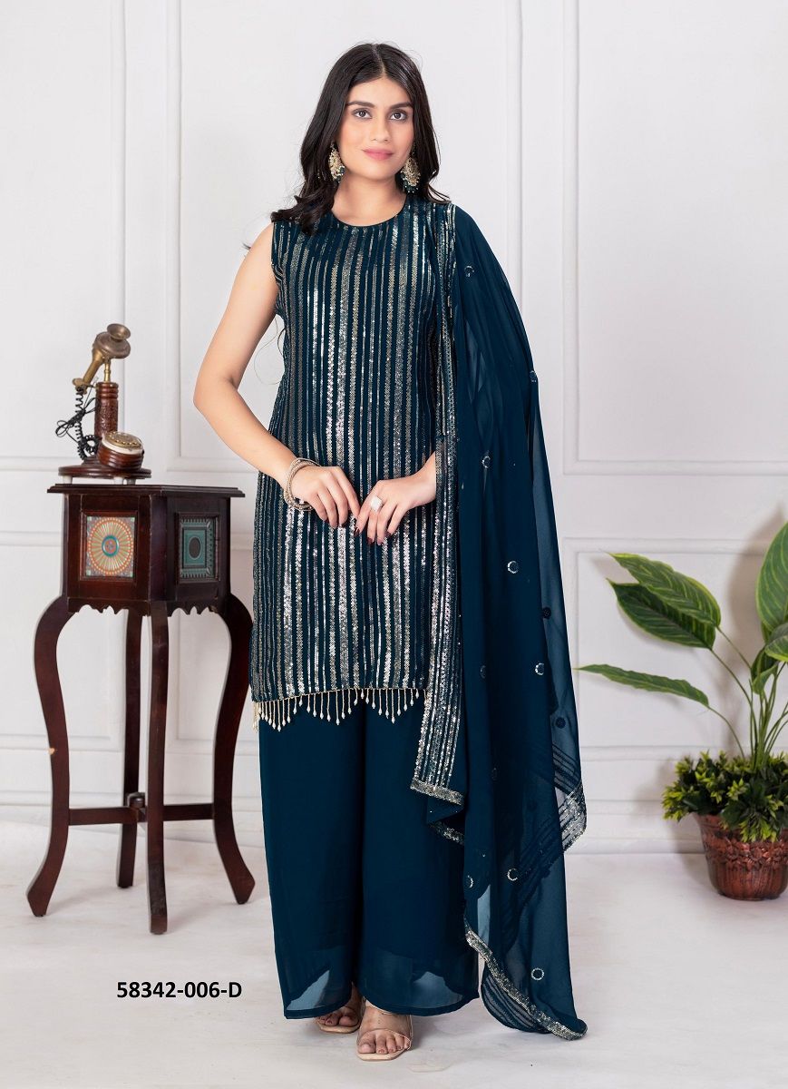 GLITTERING PALAZZOS - Catalog # 58342 (Set of 4 Readymade Salwar Suits) by Brand STROLLAY ®