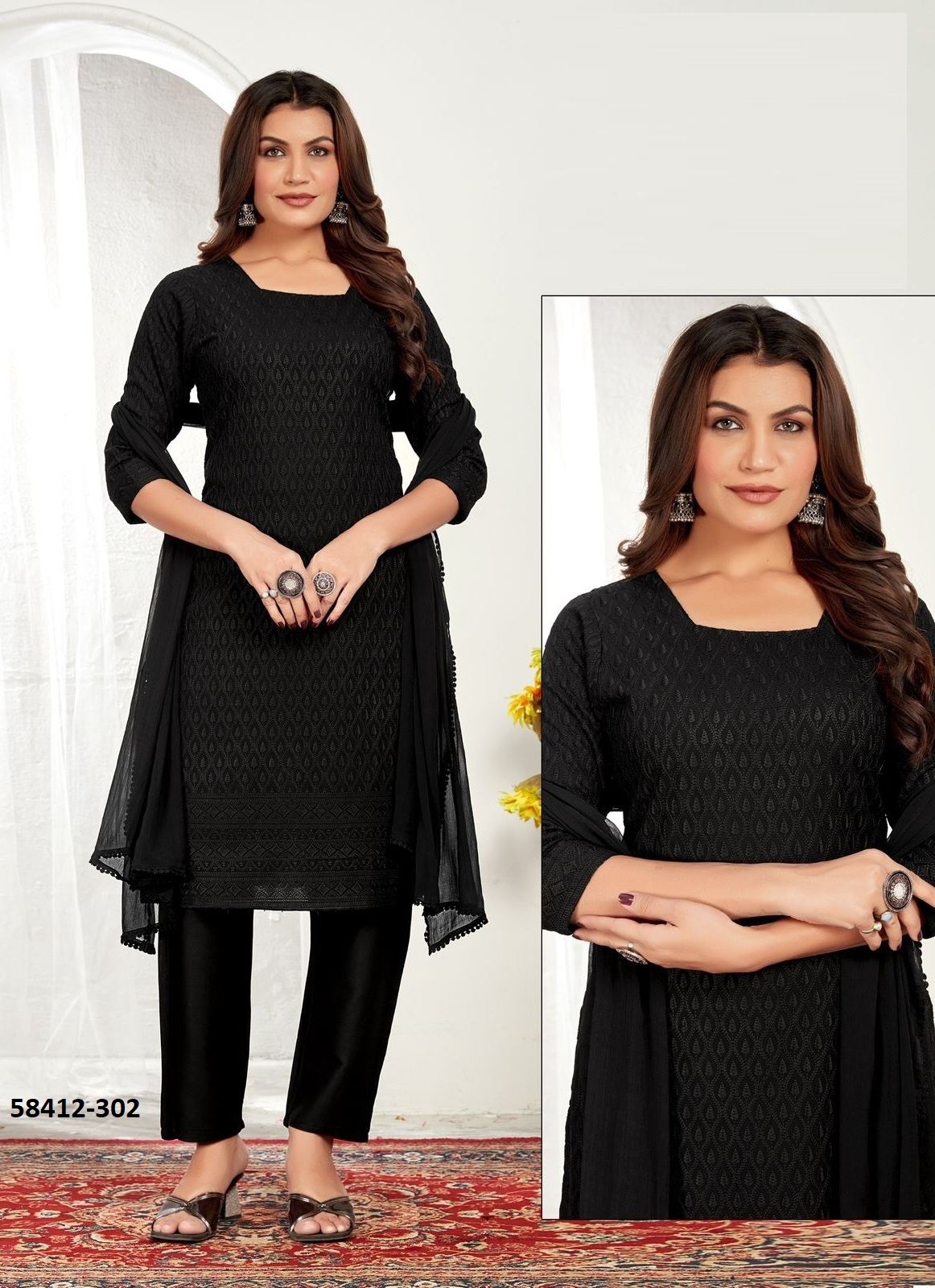 BLACK MAGIC - Catalog # 58412 (Set of 7 SIZE-SETS [Readymade Salwar Suits]) by Brand POONAM DESIGNER