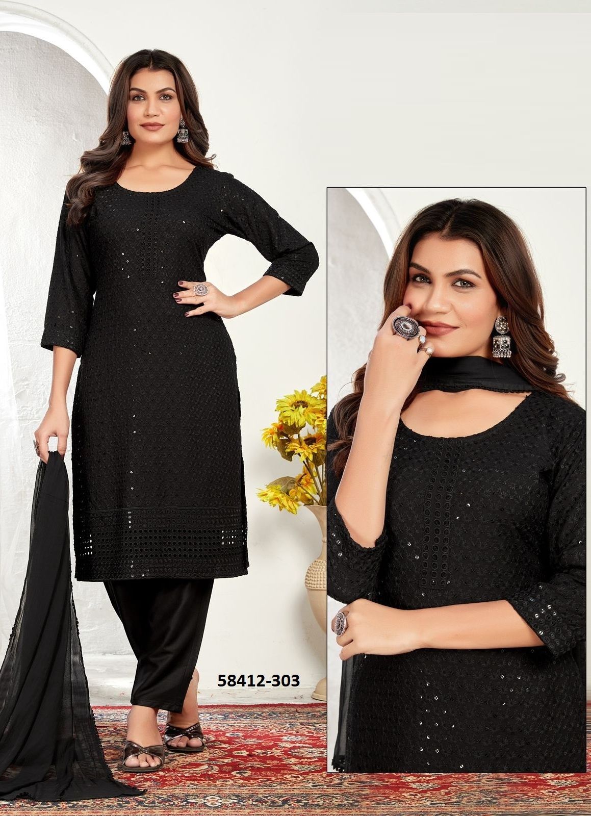 BLACK MAGIC - Catalog # 58412 (Set of 7 SIZE-SETS [Readymade Salwar Suits]) by Brand POONAM DESIGNER
