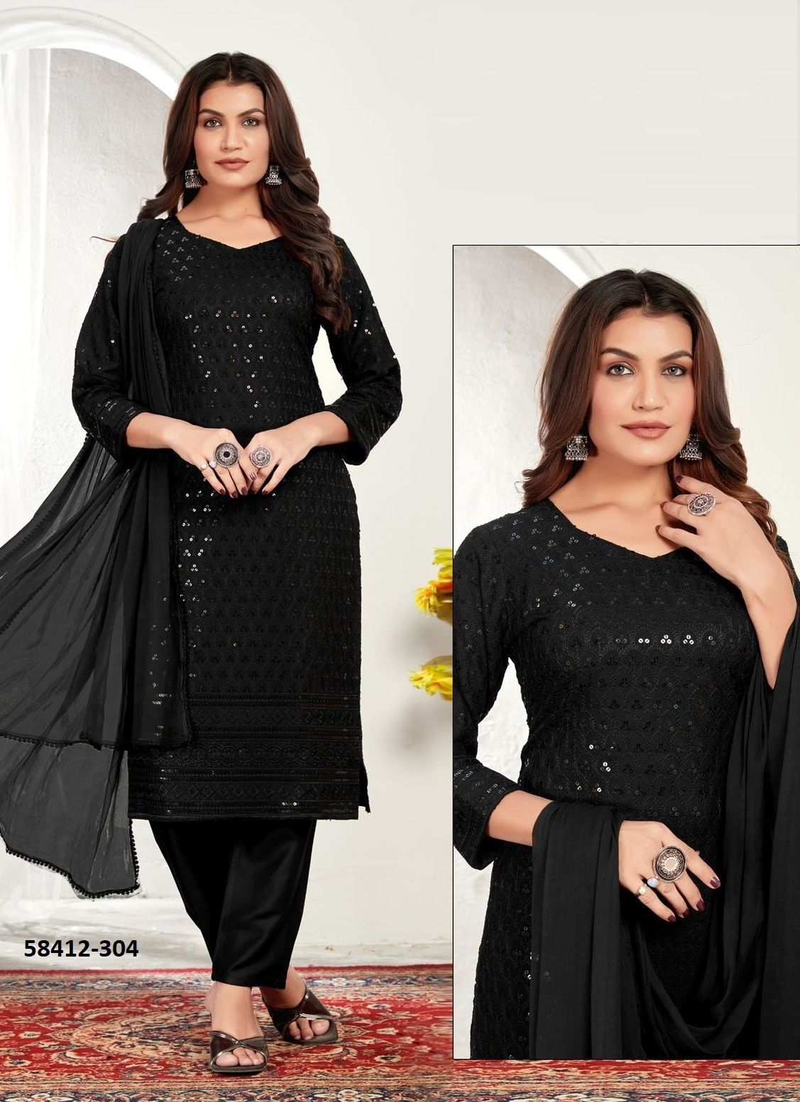 BLACK MAGIC - Catalog # 58412 (Set of 7 SIZE-SETS [Readymade Salwar Suits]) by Brand POONAM DESIGNER