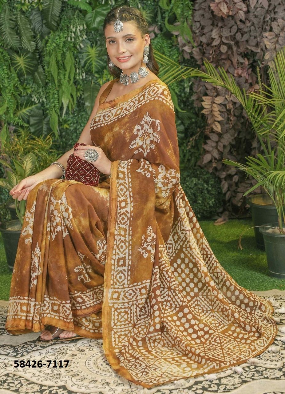VISCOSE MUL-MUL BATIK PRINT - Catalog # 58426 (Set of 9 Sarees) by Brand MONO POLEY VISCOSE MUL-MUL BATIK PRINT - Catalog # 58426 (Set of 9 Sarees) by Brand MONO POLEY